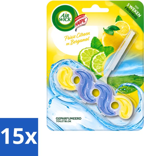 Air Wick toiletblok met citroen en bergamot geur, 15 stuks in verpakking met gele en blauwe vormgeving.