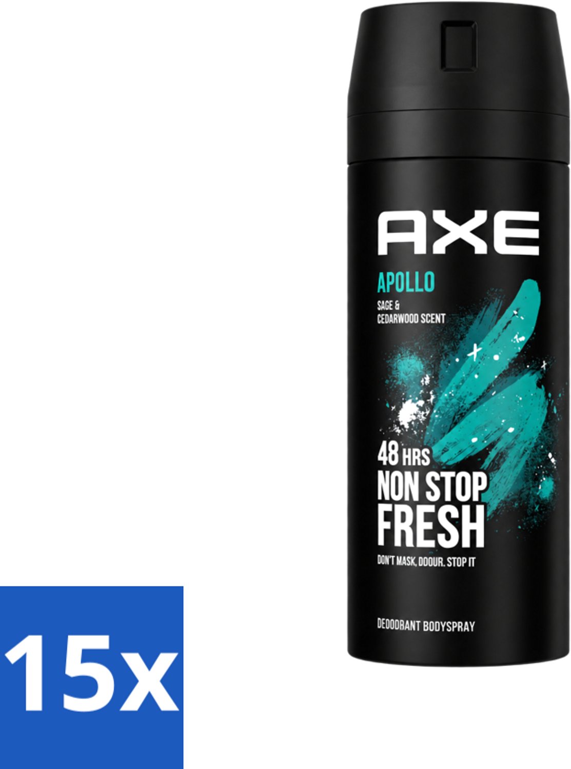 15 x Axe - Deodorant Bodyspray - 48hrs Fresh - Apollo - Sage & Cedarwoord - 150 ml - Voordeelverpakking - 15 stuks
