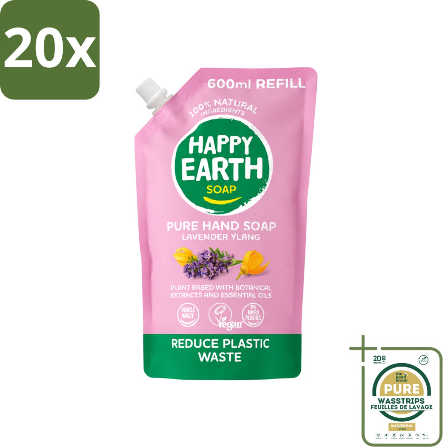 20 x Happy Earth – Handzeep Navulling – 100% Natuurlijk Lavender Ylang – 600 ml - Wasstrips - Handzeep Navulling - Natuurlijke Handzeep - Vegan Handzeep - Lavendel Handzeep - Ylang Handzeep