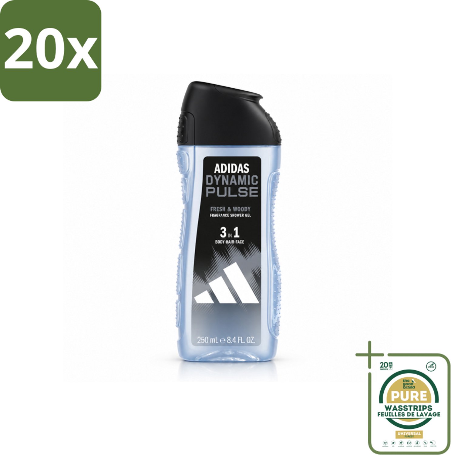 20 x Adidas – Douchegel 3-in-1 – Dynamic Pulse – 250 ml - Wasstrips - Douchegel - Sportieve Douchegel - Frisse Muntgeur - Energie Boost - Huidverzorging