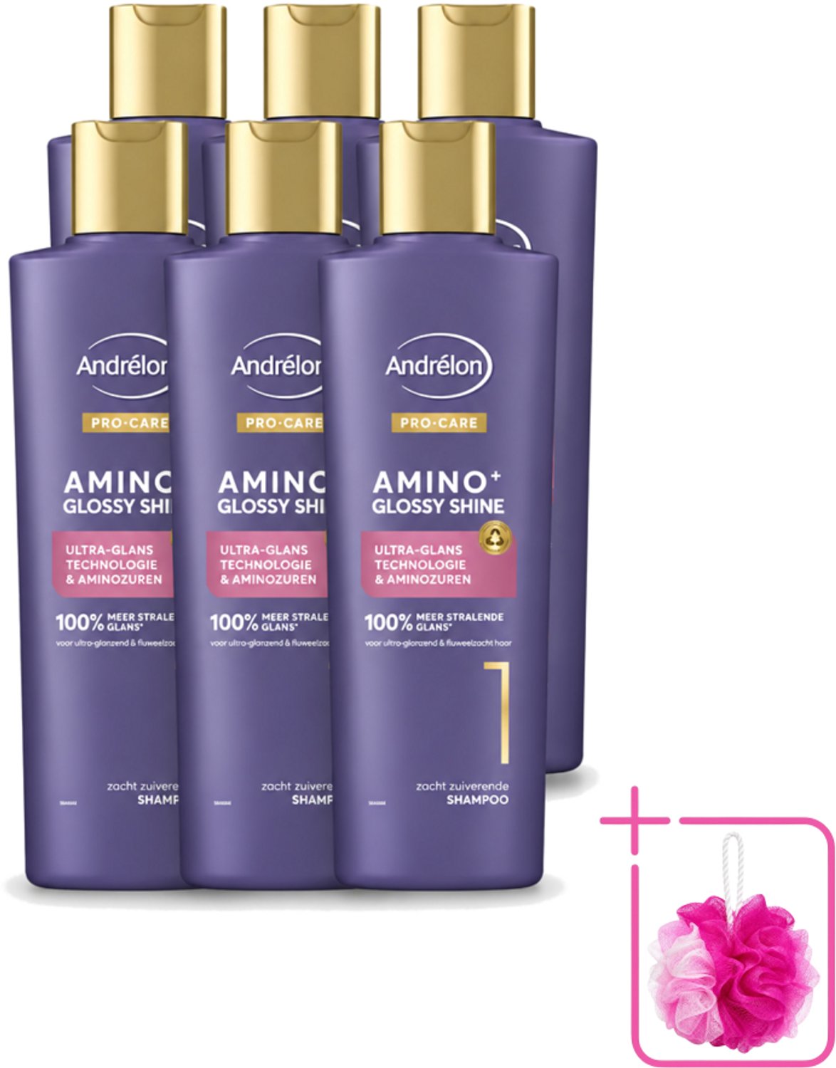 6 x Andrélon – Shampoo – Pro Care Amino+ Glossy Shine – 250 ml - Bulkverpakking - Glans haar - Douchemop - Zachtheid haar