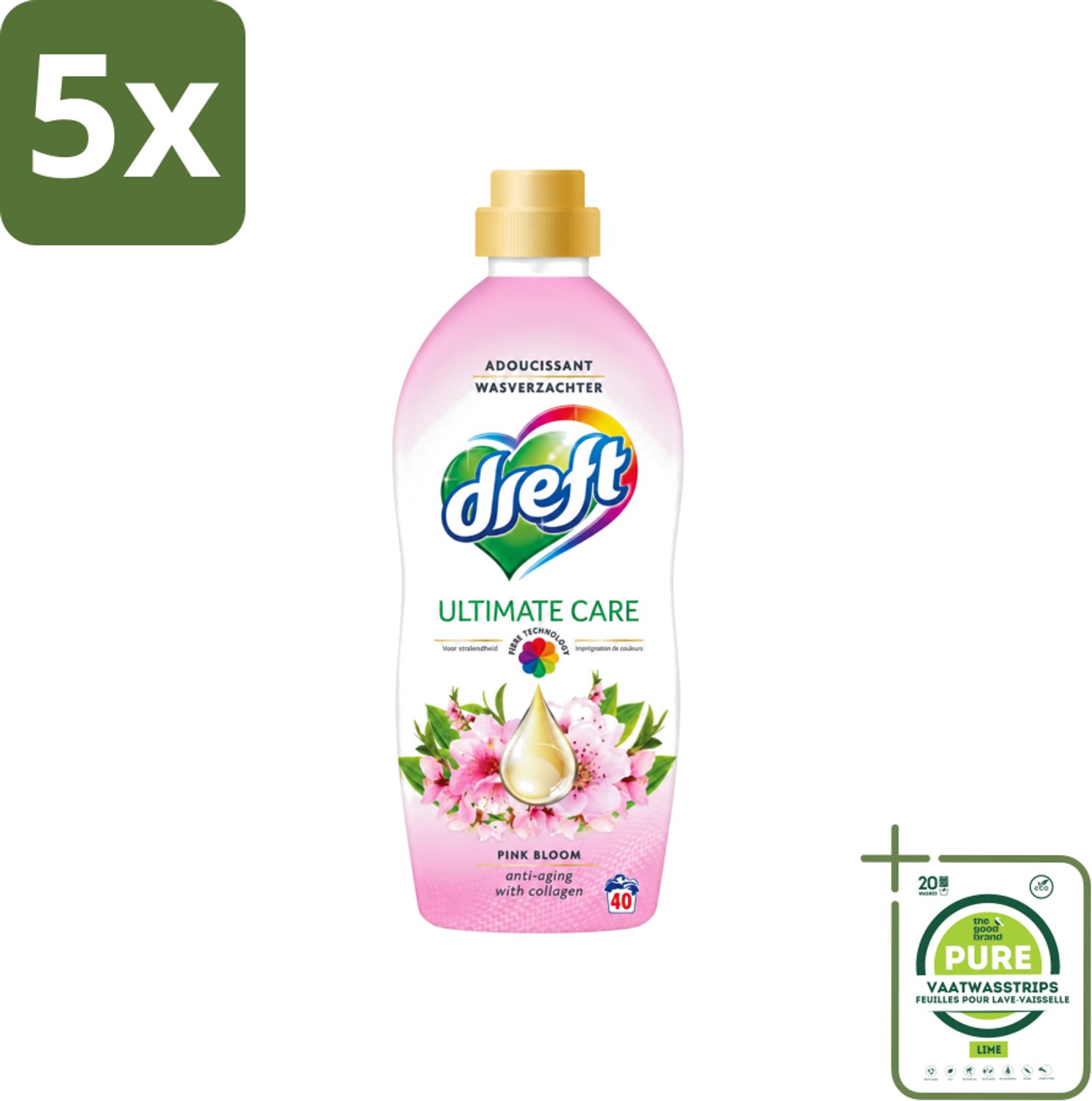 5 x Dreft - Ultimate Care - Wasverzachter - Roze Bloem - Anti-Veroudering - 40 Wasbeurten - Grootverpakking - Vaatwasstrips - Wasverzachter - Anti-aging - Kleurbescherming - Wasgoed Verzorging - Roze Bloem Geur