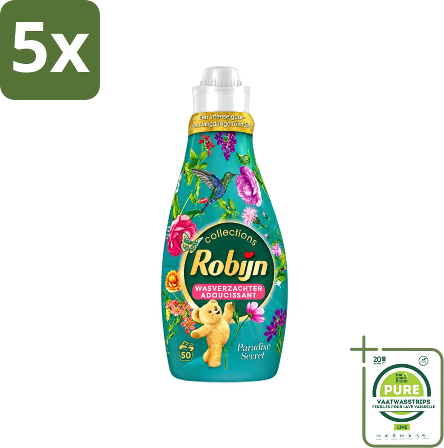5 x Robijn Collections - Wasverzachter - Paradise Secret - 1,25L - 50 Wasbeurten - Grootverpakking - Vaatwasstrips - Wasverzachter - Luxe Wasverzachter - Parfum Wasverzachter - Zijdezachte Wasverzachter - Wasverzachter Voor Kleding