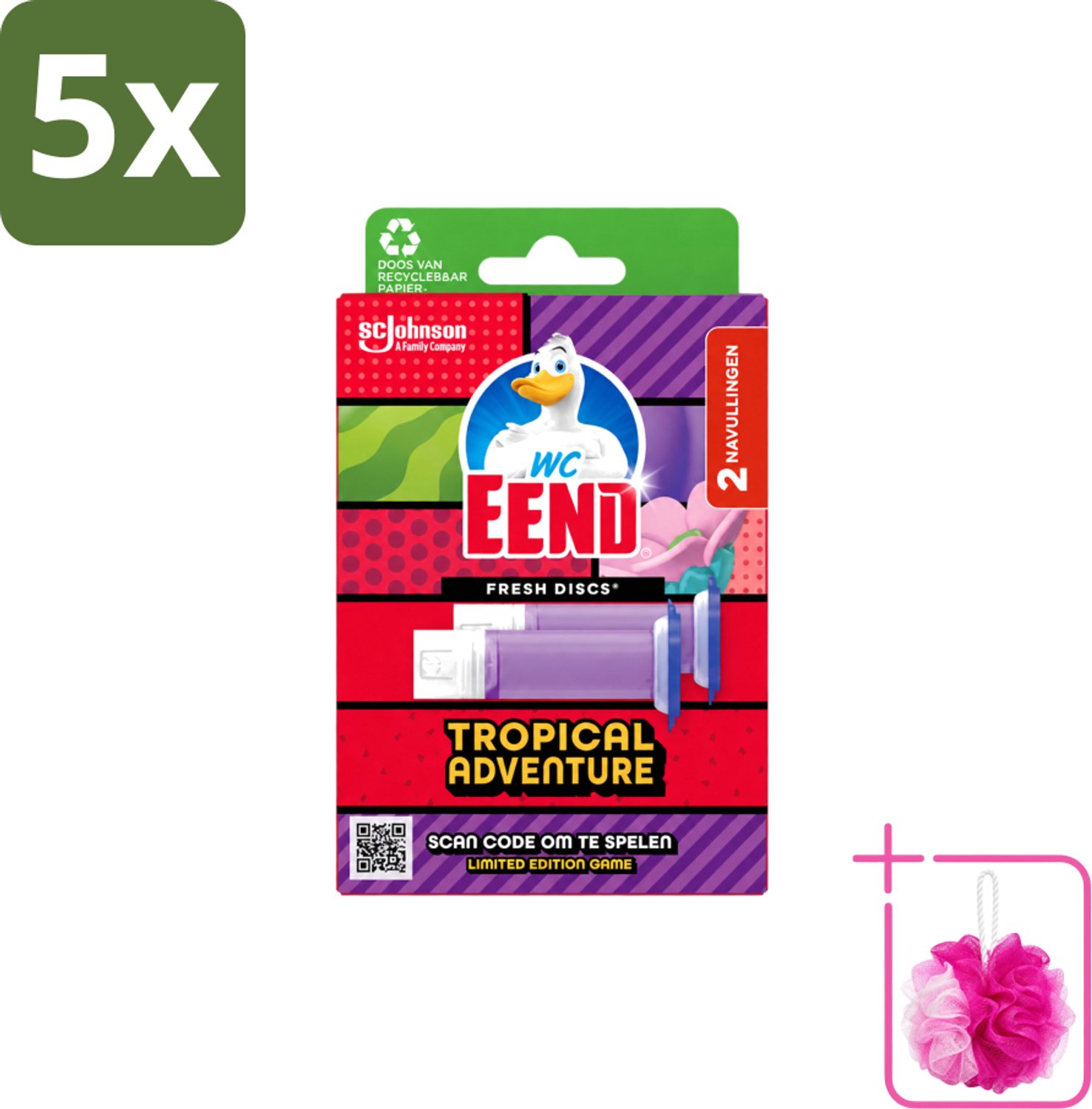 5 x WC Eend – Fresh Discs – Duo Navulling – Tropical Adventure – 72 ml - Bulkverpakking - Toilet reinigen - Douchemop - Toilet geur