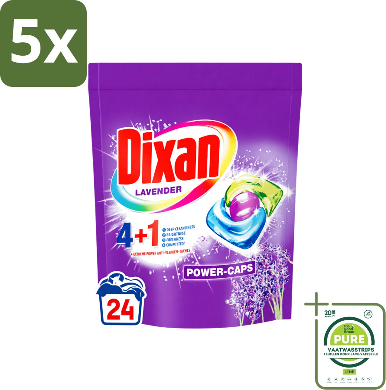 5 x Dixan Power Caps - Wasmiddelcapsules en Vlekverwijderaar - Extreme Power - Gekleurde Was - Lavendel - 24 Wasbeurten - Grootverpakking - Vaatwasstrips - Wasmiddelcapsules - Vlekverwijderaar - Gekleurde Was - Lavendel - Wasbeurt