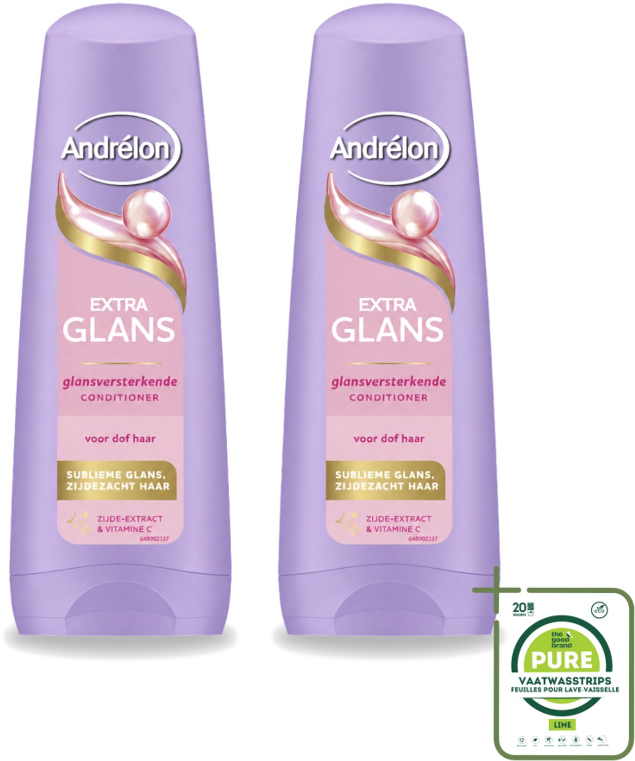 2 x Andrélon – Conditioner – Extra Glans – 200 ml - Grootverpakking - Vaatwasstrips - Glans - Haar Verzorging - Zijde-extract - Vitamine C - Zacht Haar