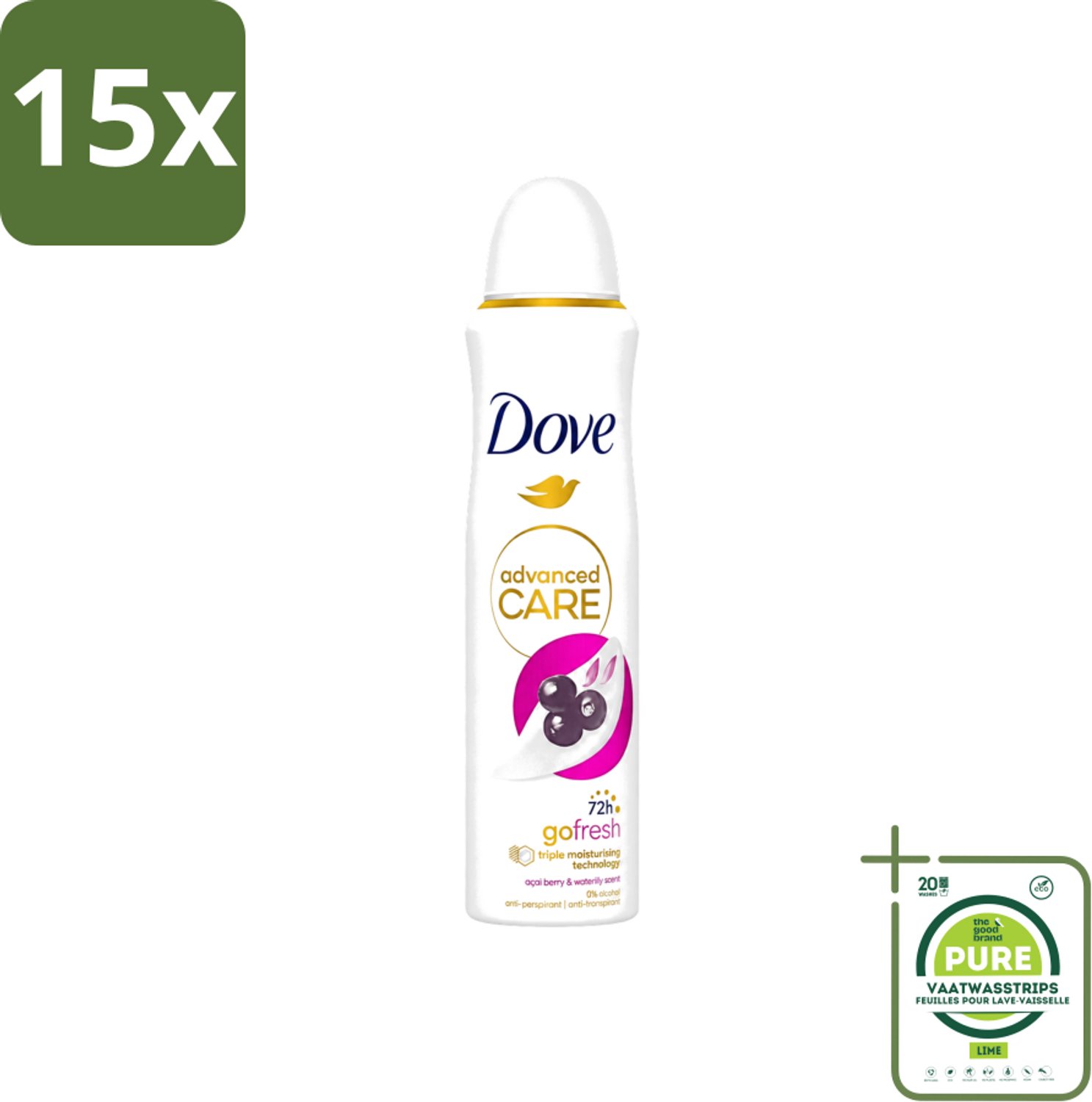 15 x Dove - Deospray - Acai Bes & Waterlelie - 150 ml - Grootverpakking - Vaatwasstrips - Acai Bes & Waterlelie Deospray - Deospray Oksels - Geur Van Acai Bessen - Geur Van Waterlelie - Transpiratie Bescherming