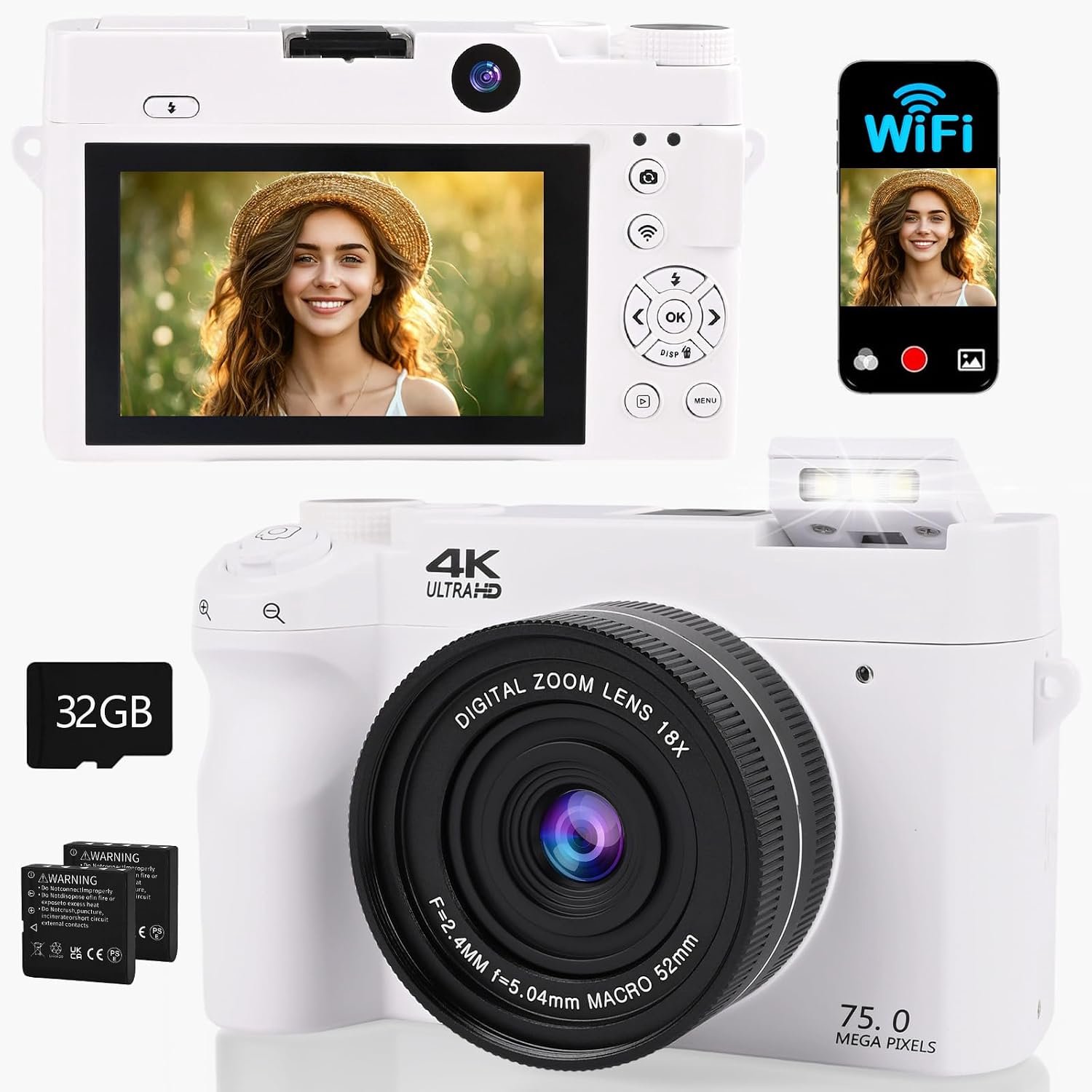 4K 75MP digitale camera met wifi, 3 inch lcd-scherm, fotocamera met 18x zoom, voor- en achterlens, 32GB kaart, 2 batterijen, compacte vlogcamera voor tieners, beginners (wit)