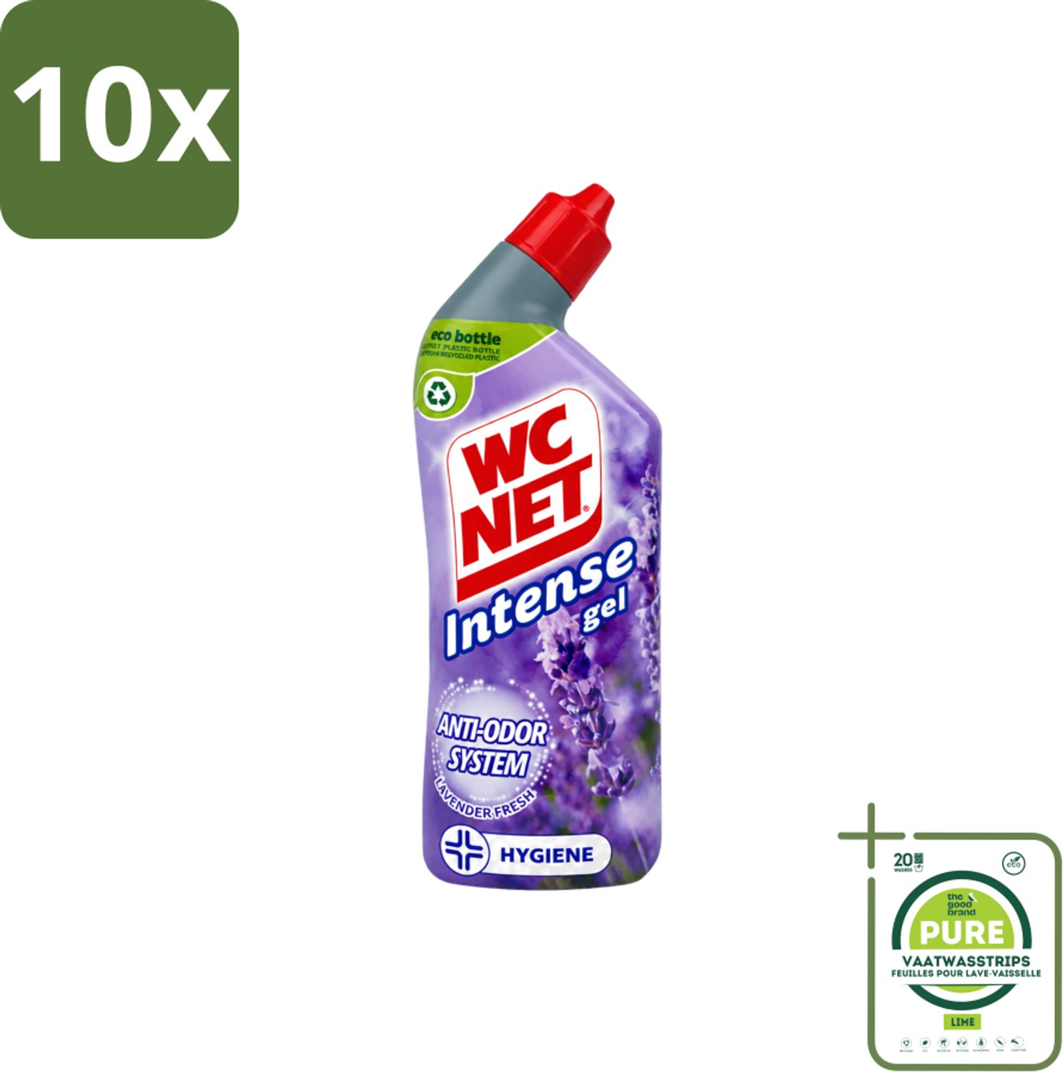10 x WC Net - Toiletreiniger - Gel - Lavendel - Gerecycled Materiaal - 750 ml - Grootverpakking - Vaatwasstrips - WC Net - Toilet Reiniger - Lavendel Geur - Anti-geur - Gerecycled Fles