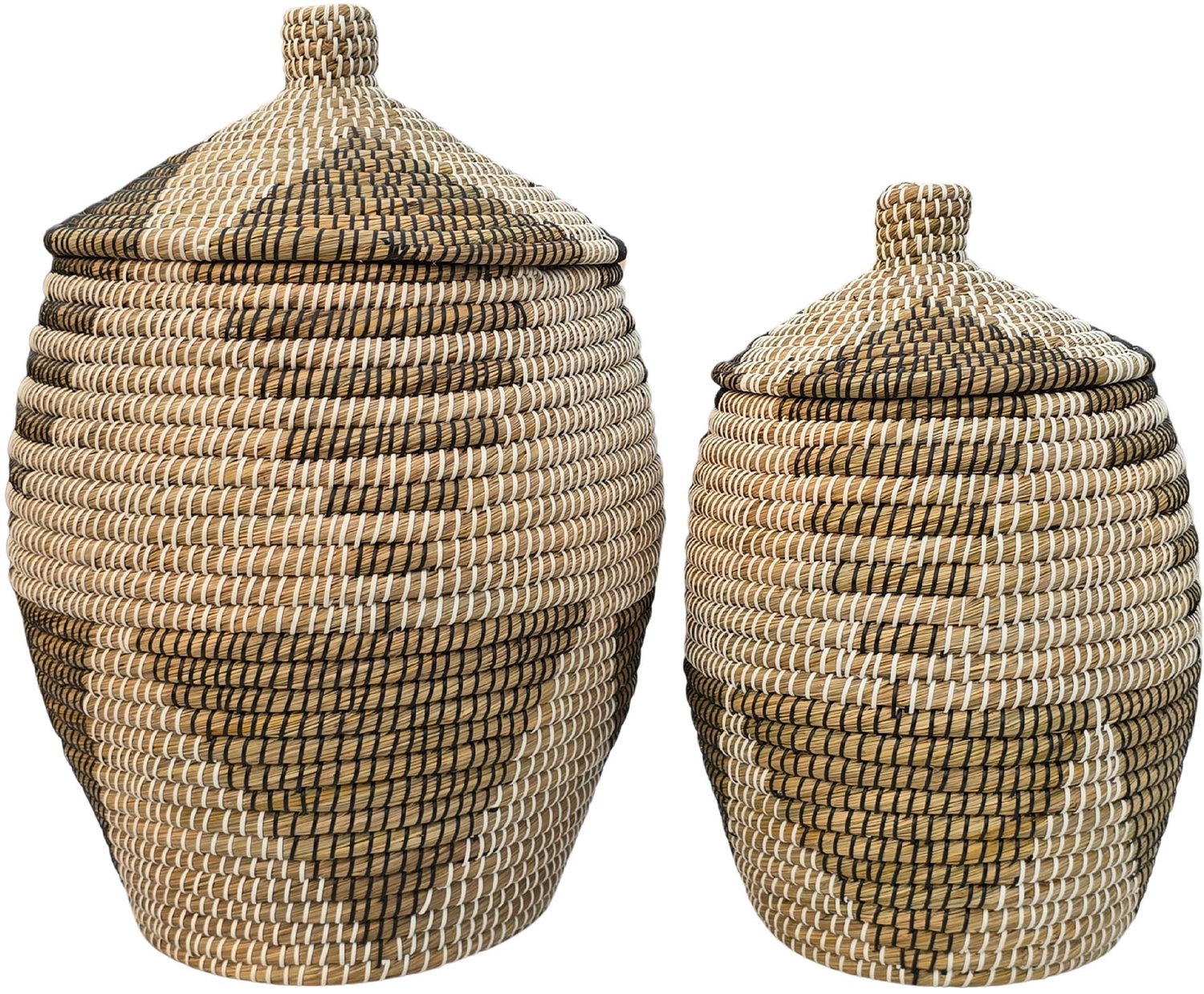 Wasmand met deksel – zeegras – set van 2 – 30 en 60 l – naturel zwart wit