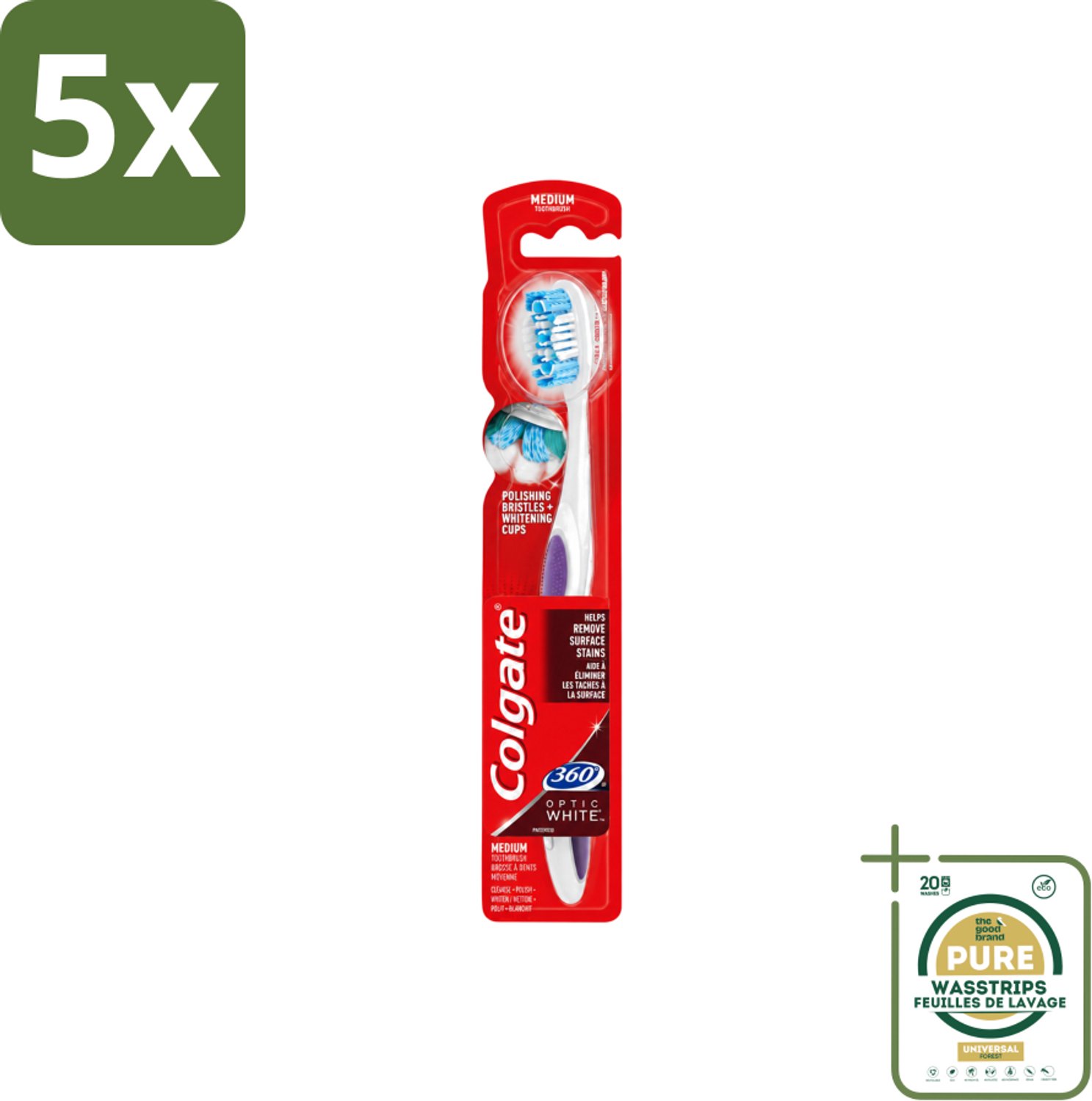 5 x Colgate - Tandenborstel - 360 Optic White Medium- Wit - 1 Tandenborstel - Wasstrips - Tandenborstel - Tanden Reinigen - Mondverzorging - Wittere Tanden - 360° Reiniging