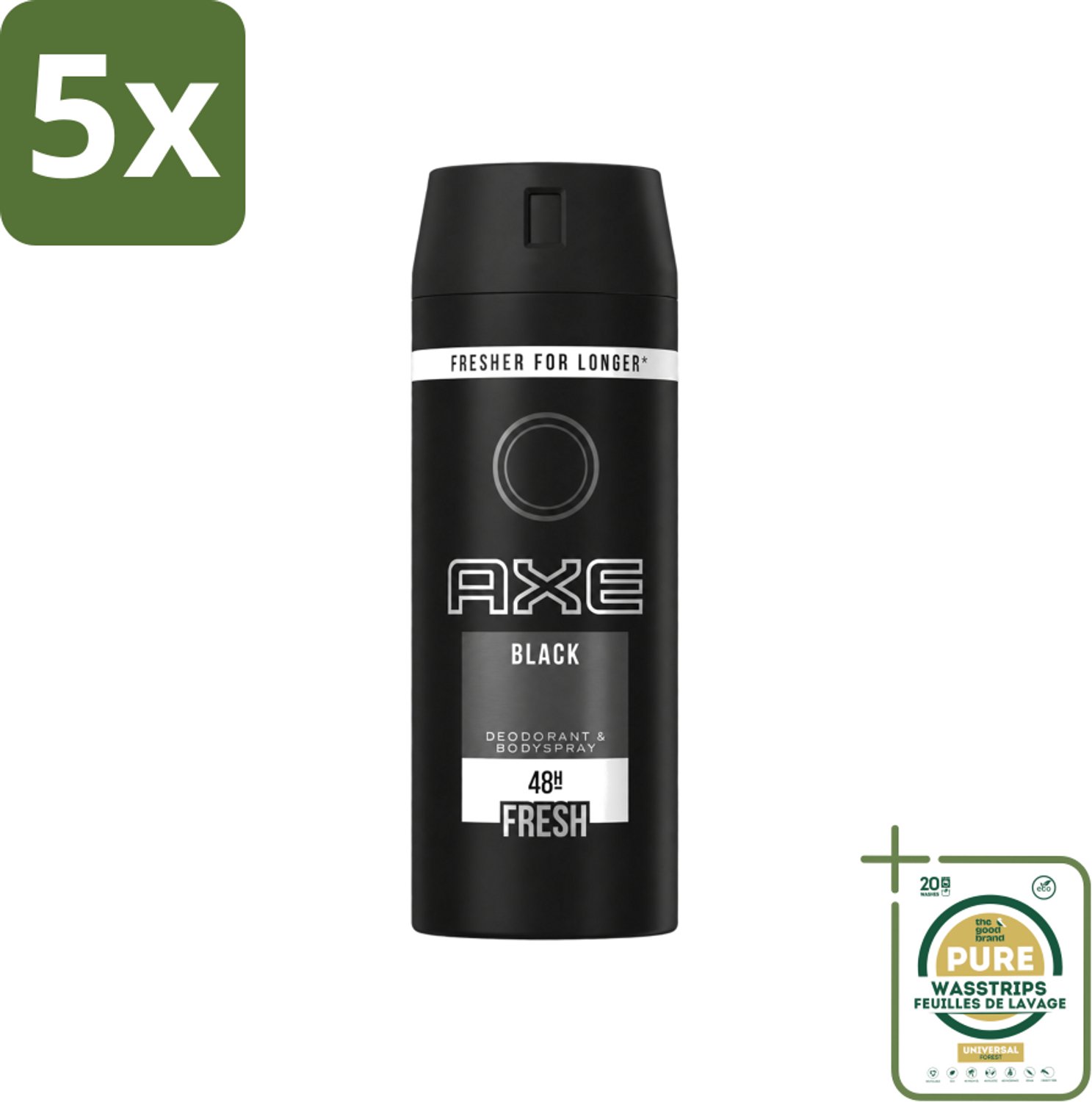 5 x Axe - Deodorant Bodyspray - 48hrs Fresh - Black - 150 ml - Wasstrips - Axe Deodorant - Bodyspray - Anti-transpirant - Zweetgeur - Sandelhout