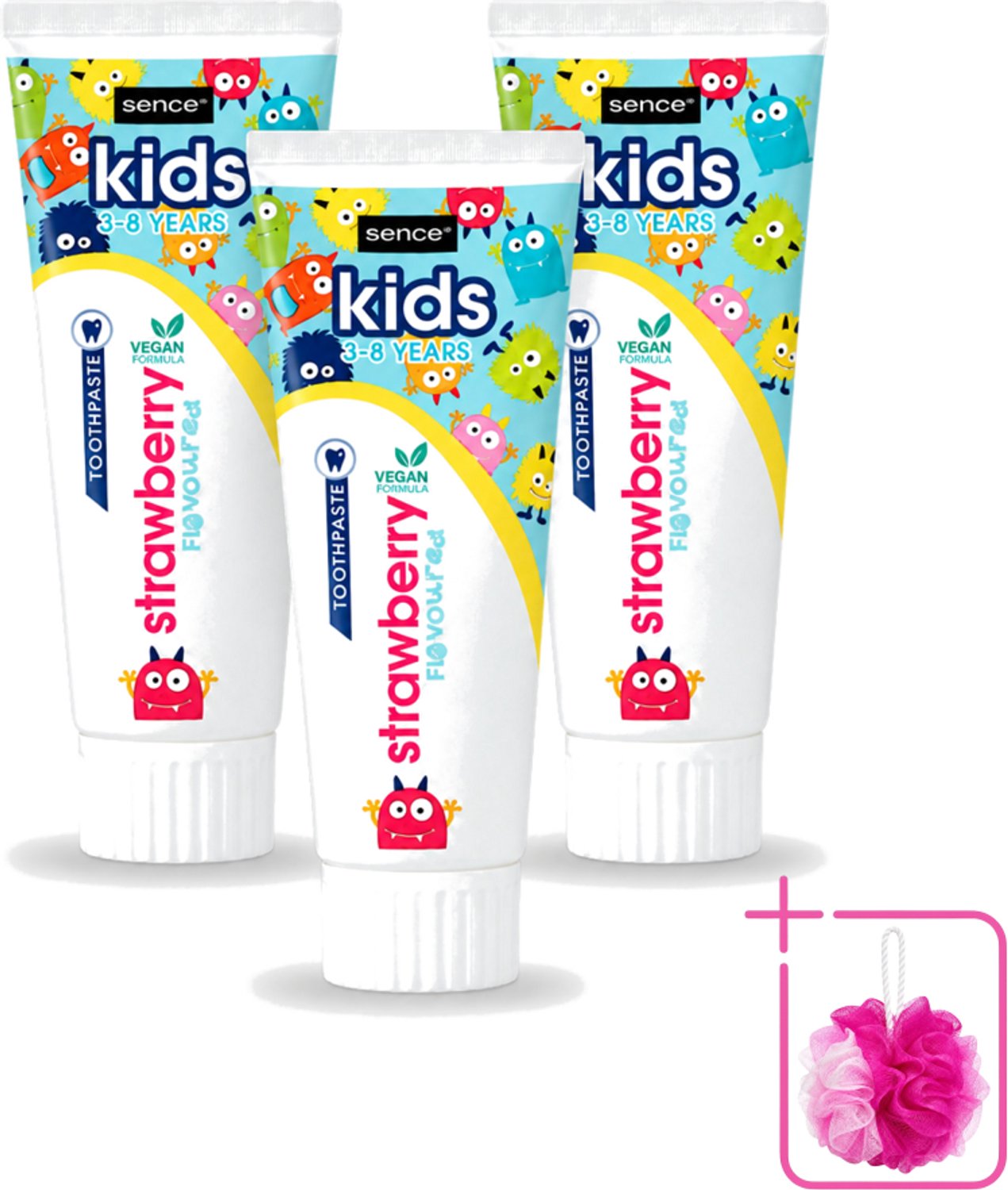 3 x Sence - Kids 3-8 Jaar - Tandpasta - Aardbei Smaak - Vegan - 75 ml - Bulkverpakking - Tandpasta voor kinderen - Douchemop - Kindertandpasta