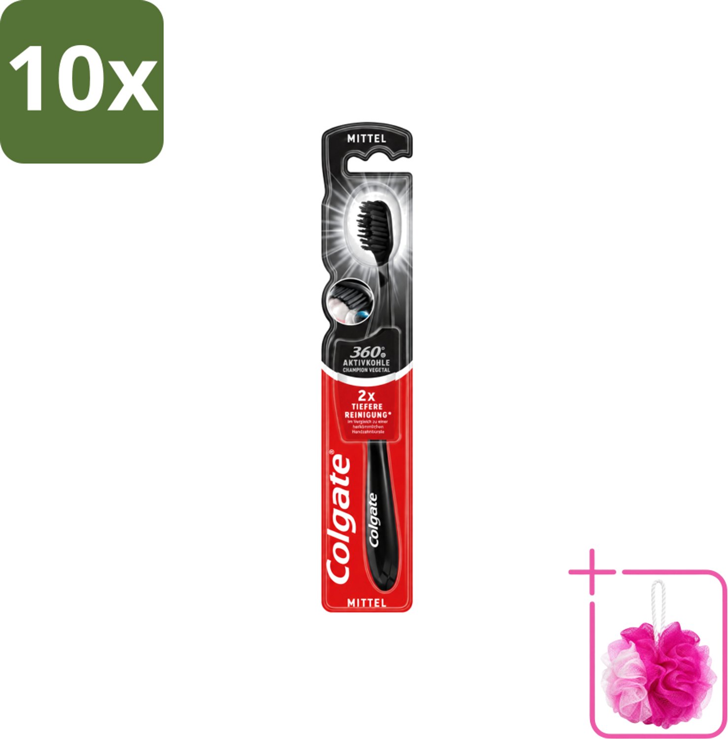 10 x Colgate - Tandenborstel - Charcoal Black 360 Medium - Zwart - 1 Tandenborstel - Bulkverpakking - Tandenborstel houtskool - Douchemop - Tandenborstel 360°