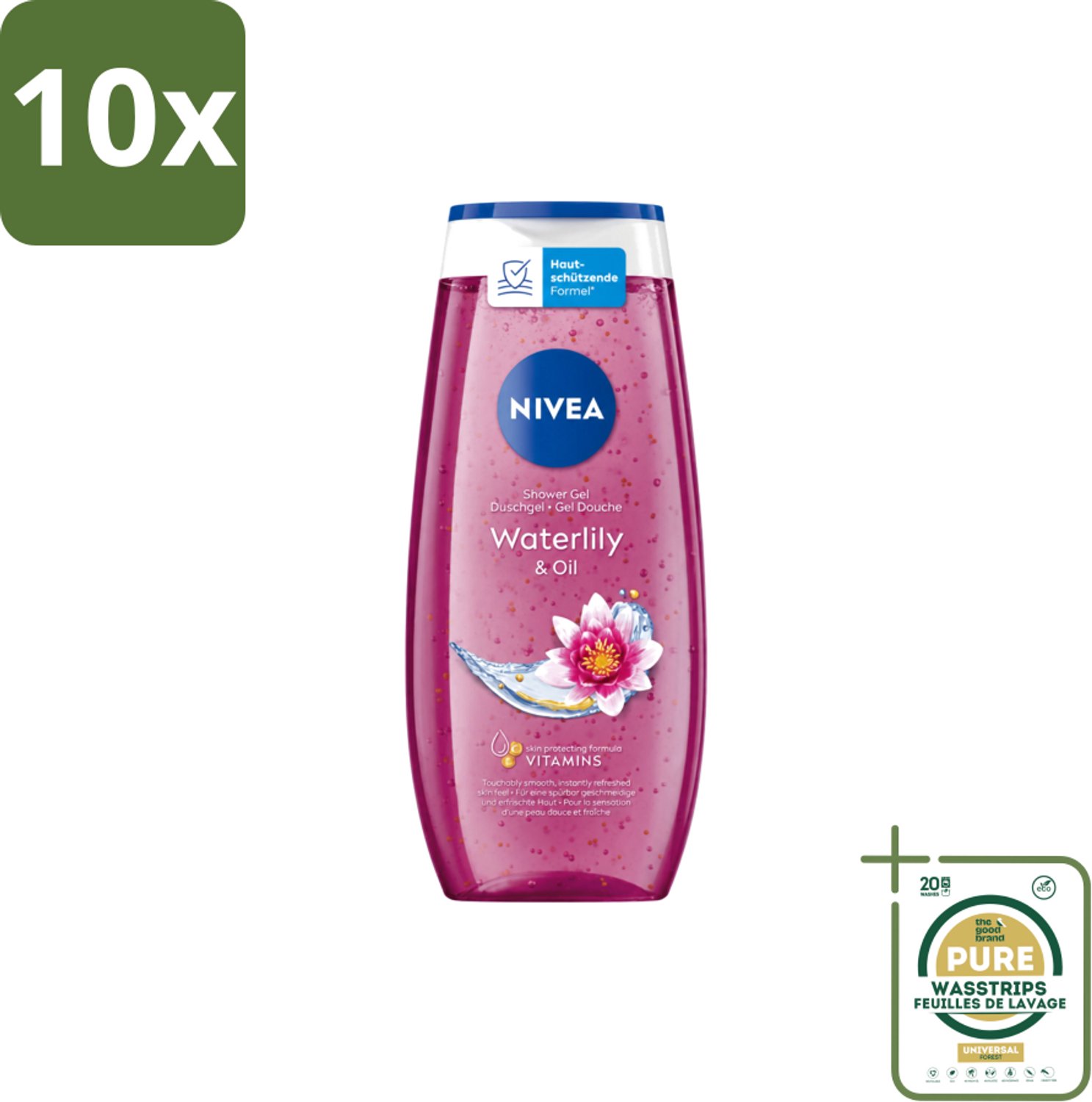 10 x Nivea – Douchegel – Waterlily & Oil – 250 ml - Wasstrips - Douchegel - Waterlelie - Huidverzorging - Mild Reinigen - Huidcomfort