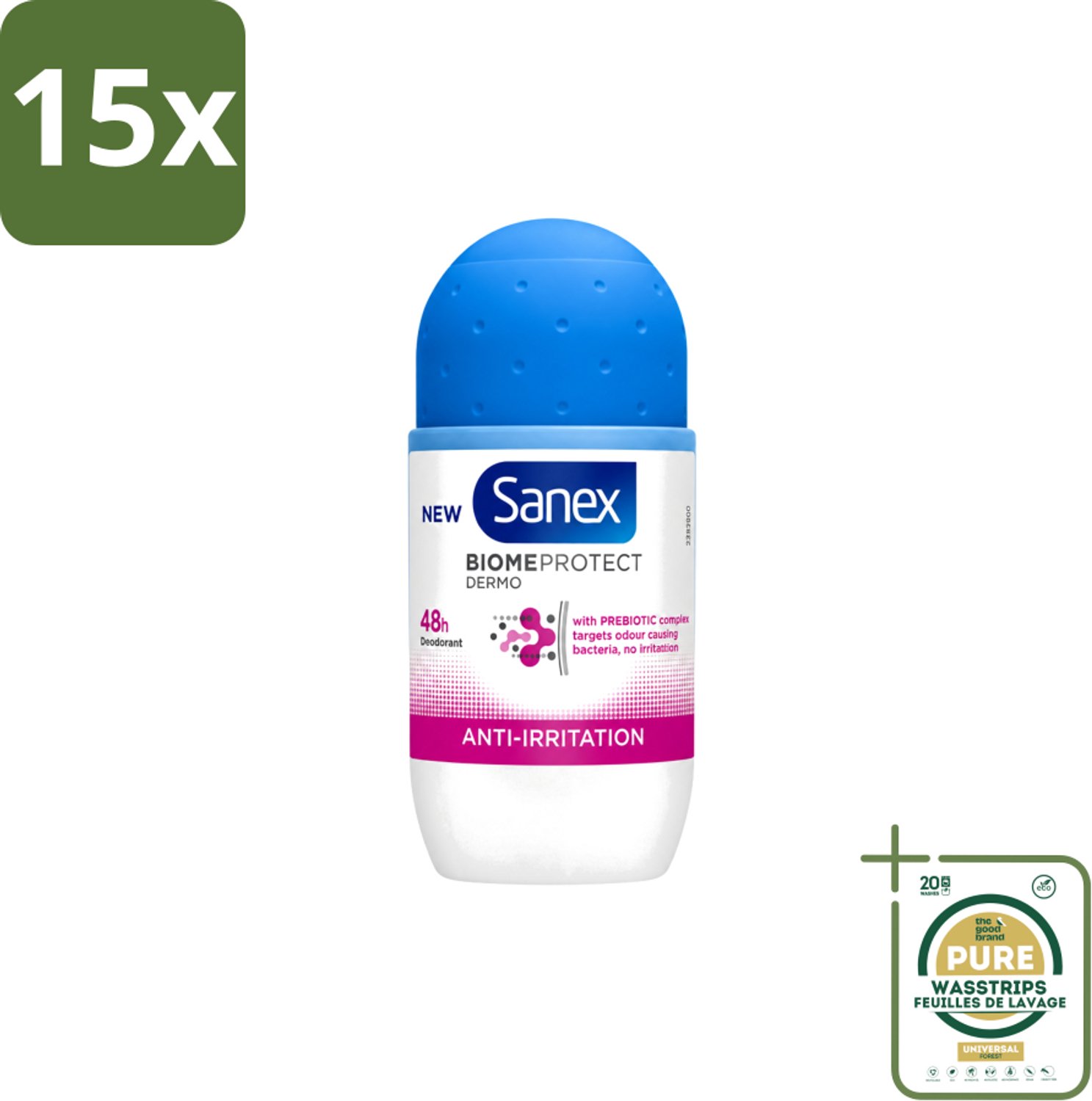 15 x Sanex – Deo Roll-on – BiomeProtect Dermo Anti-Irritation – 50 ml - Wasstrips - Gevoelige Huid - Anti-irritatie - Huidmicrobioom - Deodorant Roller - Alcoholvrije Deodorant