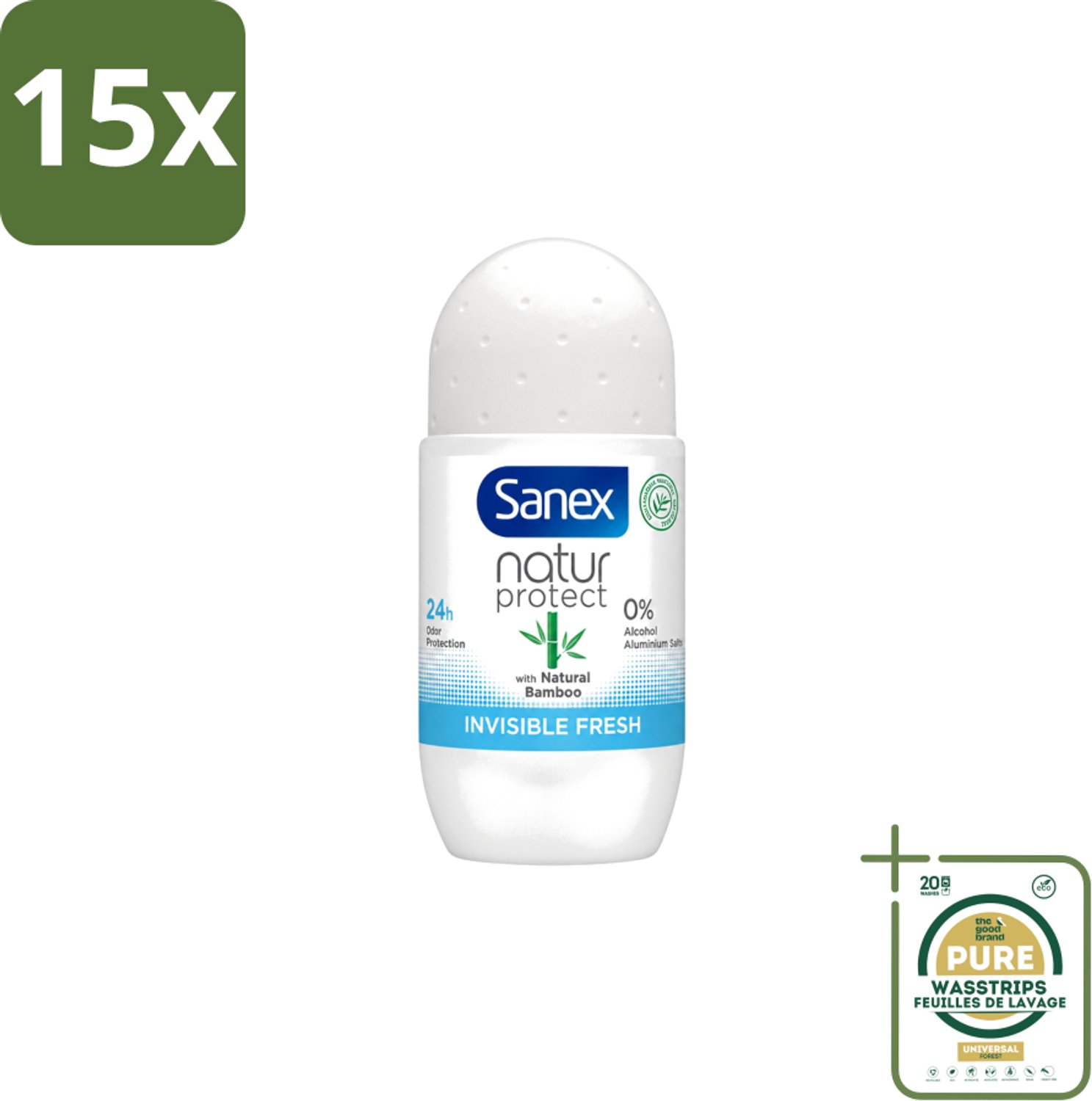 15 x Sanex – Deo Roll-on – Bamboo Invisible Fresh – 50 ml - Wasstrips - Bamboo Deodorant - Onzichtbare Deodorant - Deodorant Roll-on - Frisheid - Kledingbescherming