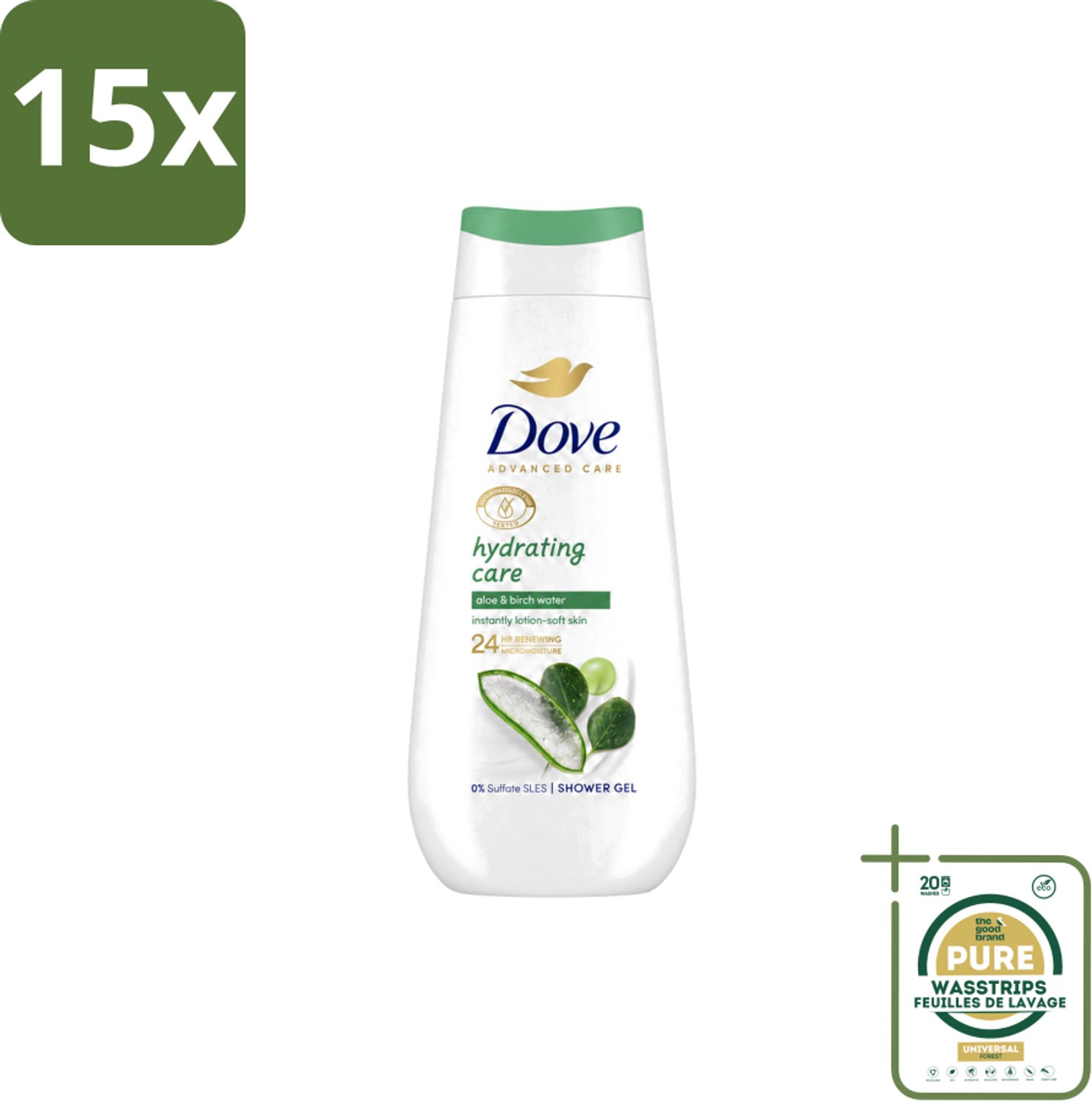15 x Dove – Douchecrème – Hydrating Care – 225 ml - Wasstrips - Douchecrème - Hydratatie - Droge Huid - Aloë Vera - Berkenwater
