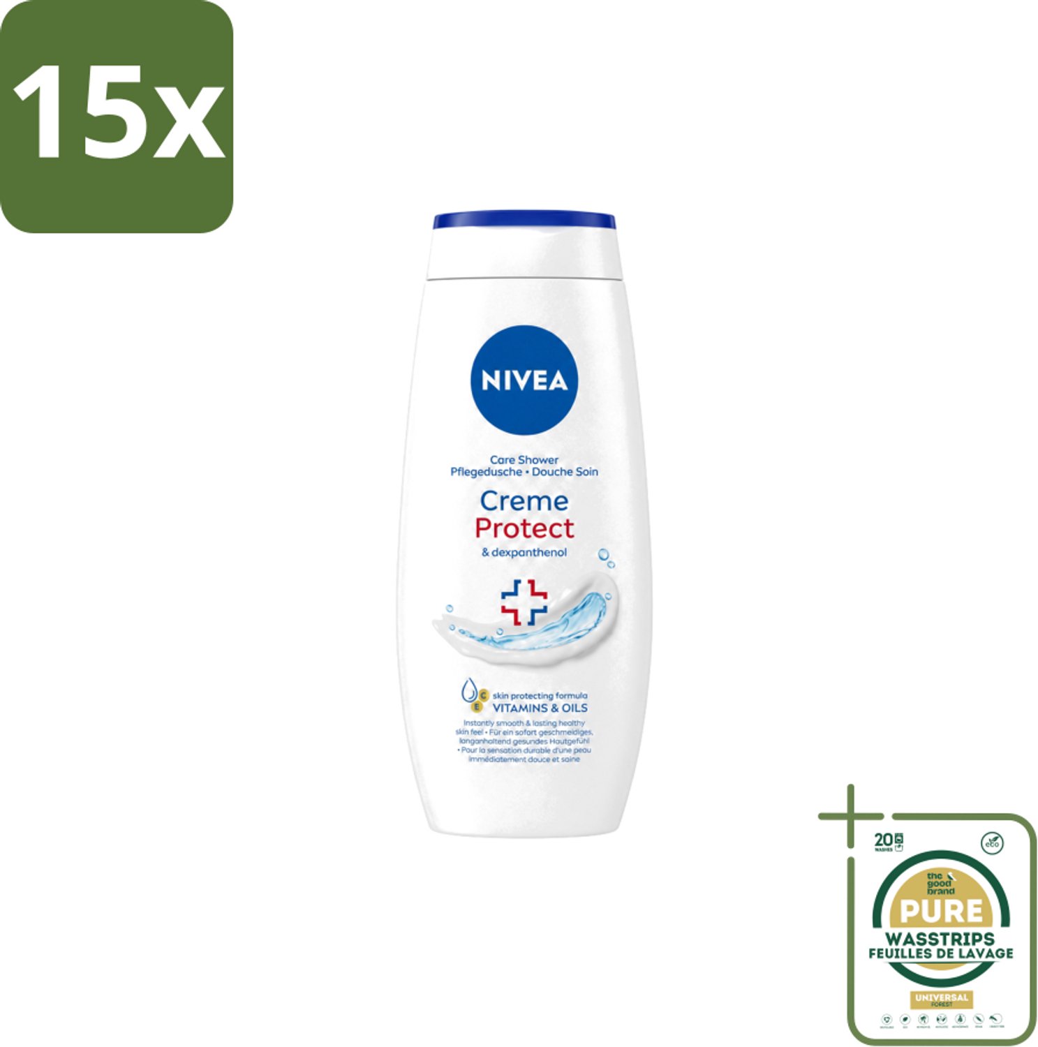 15 x Nivea – Douchecrème – Protect – 250 ml - Wasstrips - Douchecrème - Huidverzorging - Huidbescherming - Vitamine C - Vitamine E
