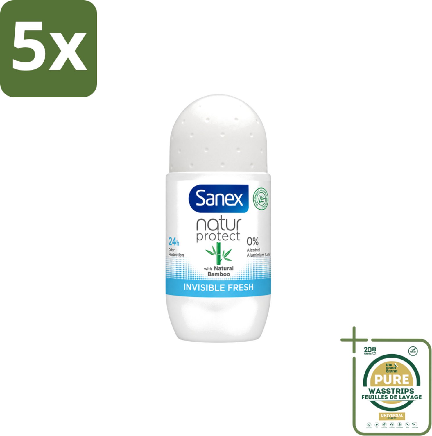 5 x Sanex – Deo Roll-on – Bamboo Invisible Fresh – 50 ml - Wasstrips - Bamboo Deodorant - Onzichtbare Deodorant - Deodorant Roll-on - Frisheid - Kledingbescherming