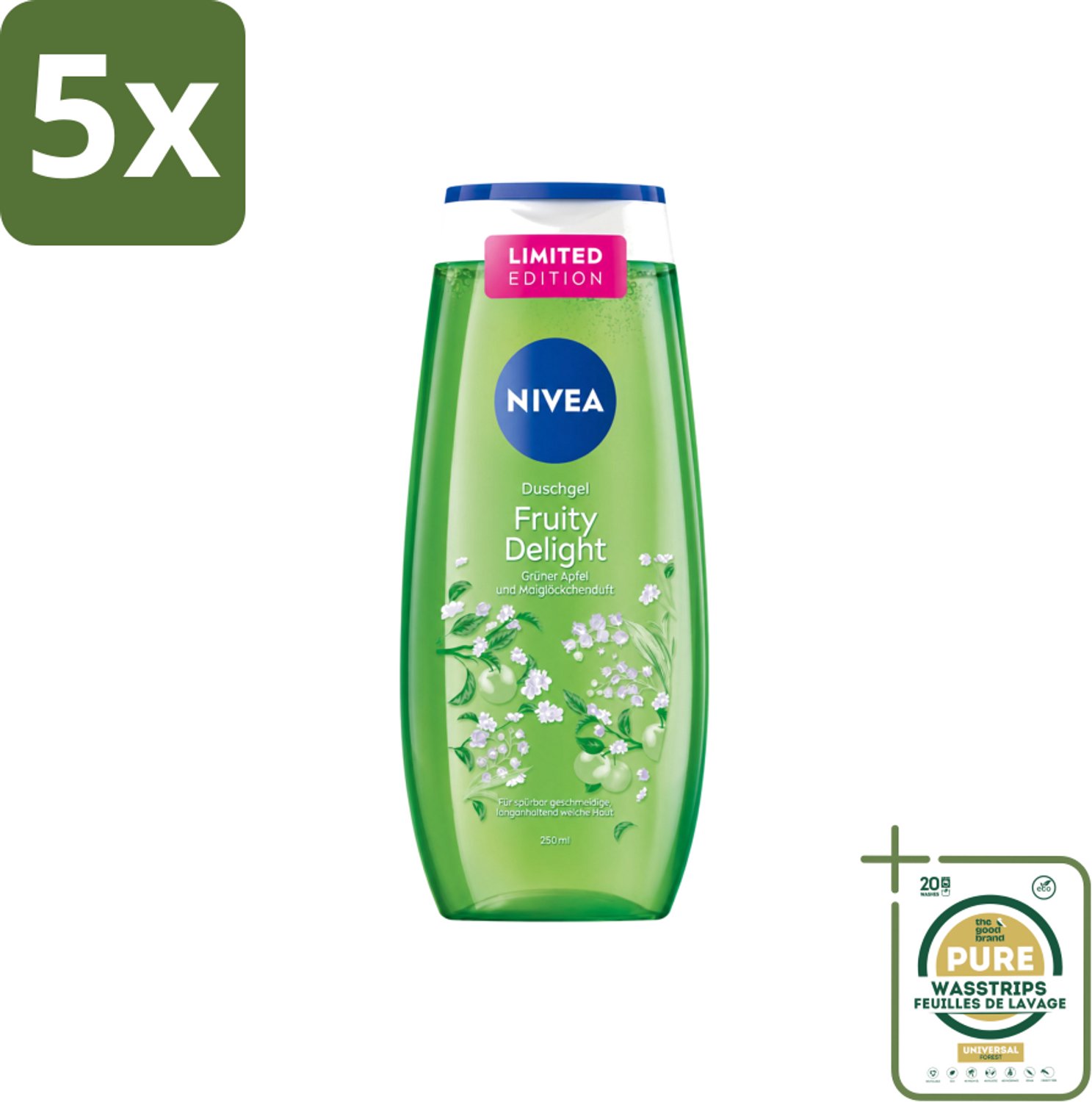 5 x Nivea – Douchegel – Fruity Delight – 250 ml - Wasstrips - Douchegel - Fruitige Geur - Huidverzorging - Milde Reiniging - Verfrissend