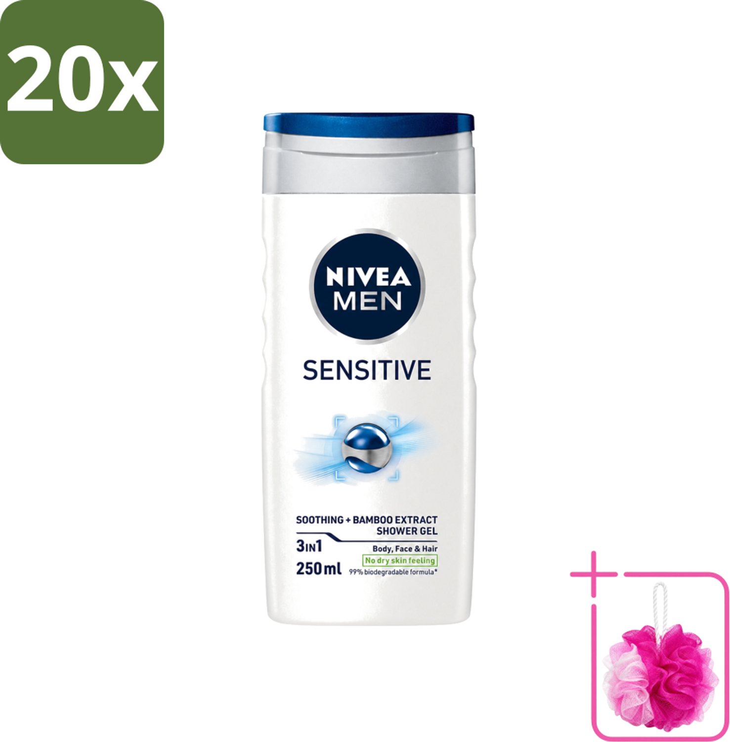 20 x Nivea - Men - Sensitive Douchegel - Hydraterend - 250 ml - Bulkverpakking - Gevoelige huid - Douchemop - Douchegel