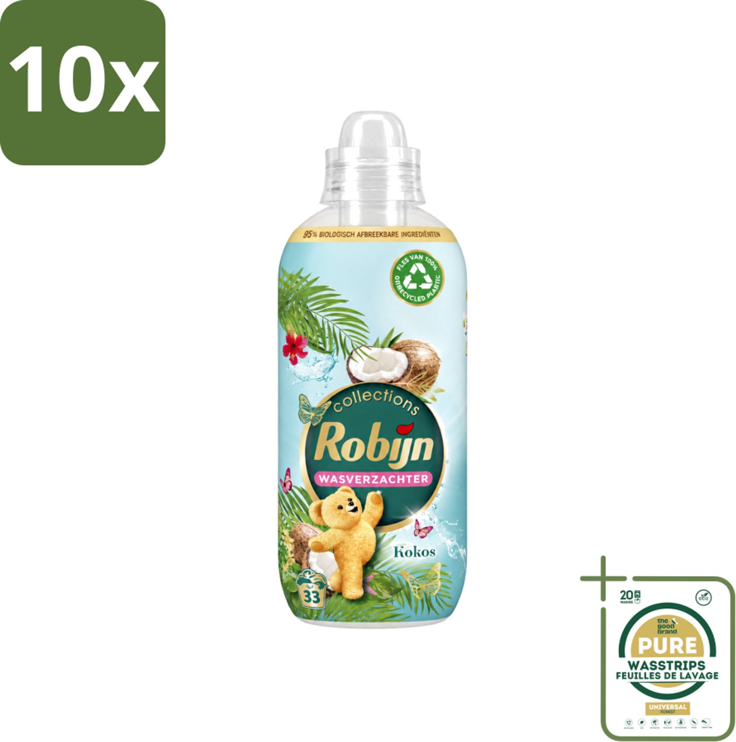 10 x Robijn - Kokos Sensation - Wasverzachter - Tropische Geur - 33 Wasbeurten - 825 ml - Wasstrips - Wasverzachter - Kokosgeur - Wasverzachter Tropisch - Wasverzachter Voor Kleding - Wasverzachter Kokos