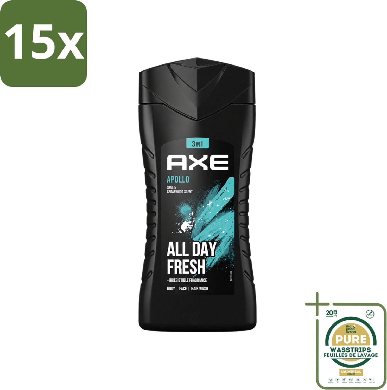 15 x Axe - 3-in-1 Douchegel - Apollo - Sage & Cedarwood - 250 ml - Wasstrips - Douchegel - Mannelijke Geur - 3-in-1 - Lichaam En Gezicht - Gezicht En Haar