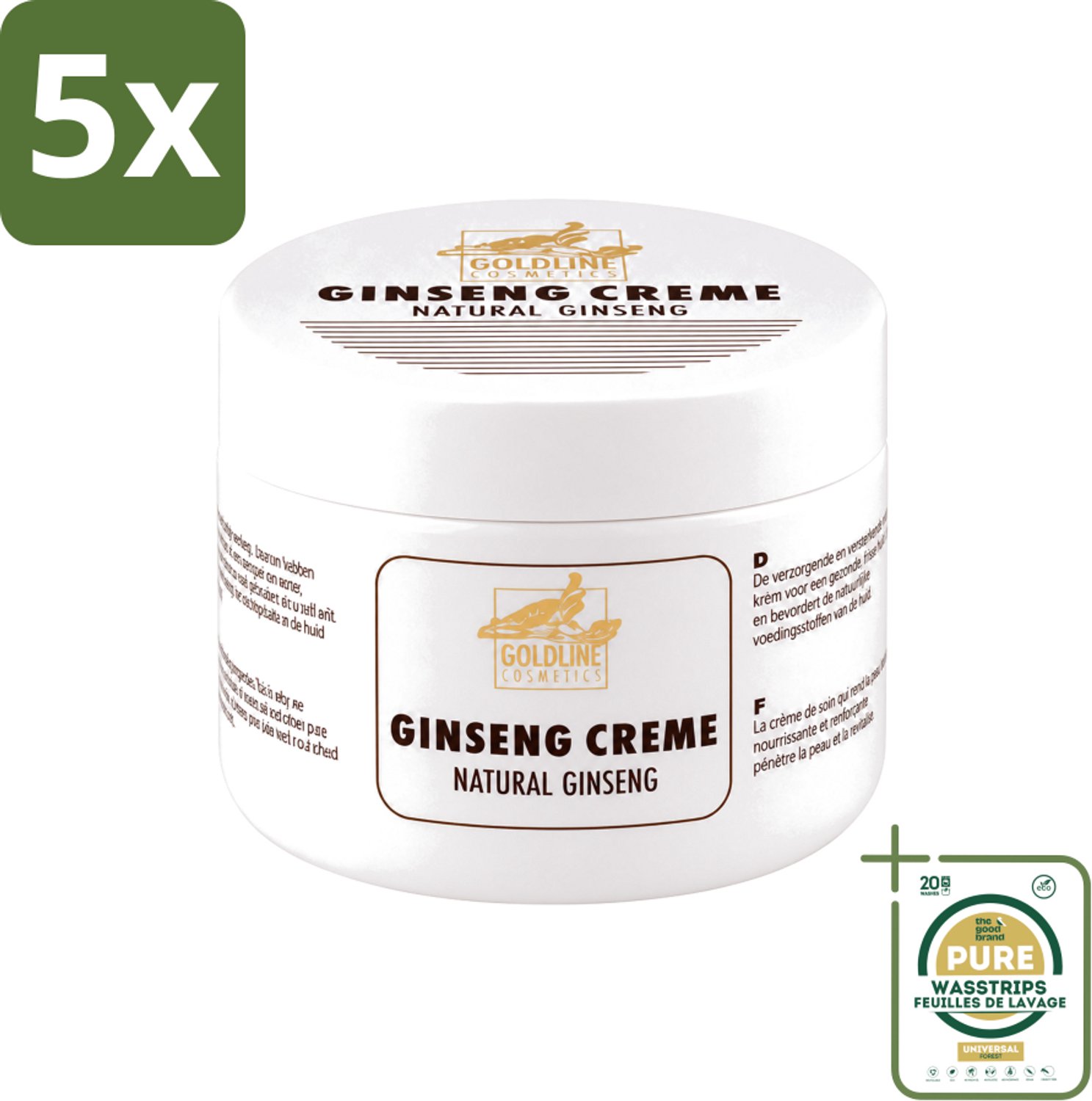 5 x Goldline - Bodycrème - Natural Ginseng - Verzorgend & Versterkend - 250 ml - Wasstrips - Ginseng Bodycrème - Huidverzorging - Natuurlijke Huidcrème - Huidversterking - Hydratatie