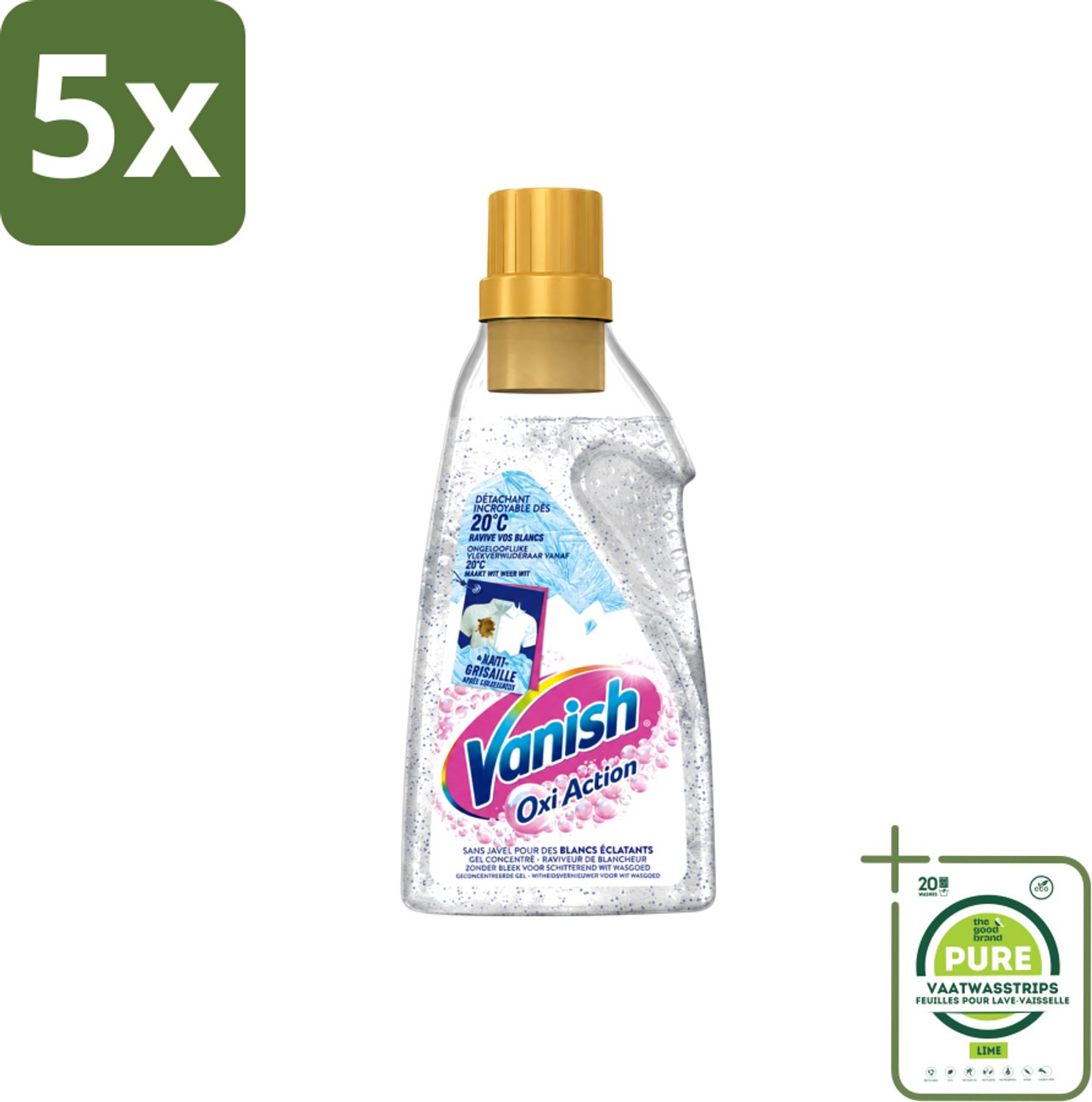5 x Vanish – Wasbooster Gel – Oxi Action Whitening – 750 ml - Grootverpakking - Vaatwasstrips - Wasbooster - Witte Was - Vlekverwijdering - Wasprogramma - Zuurstof
