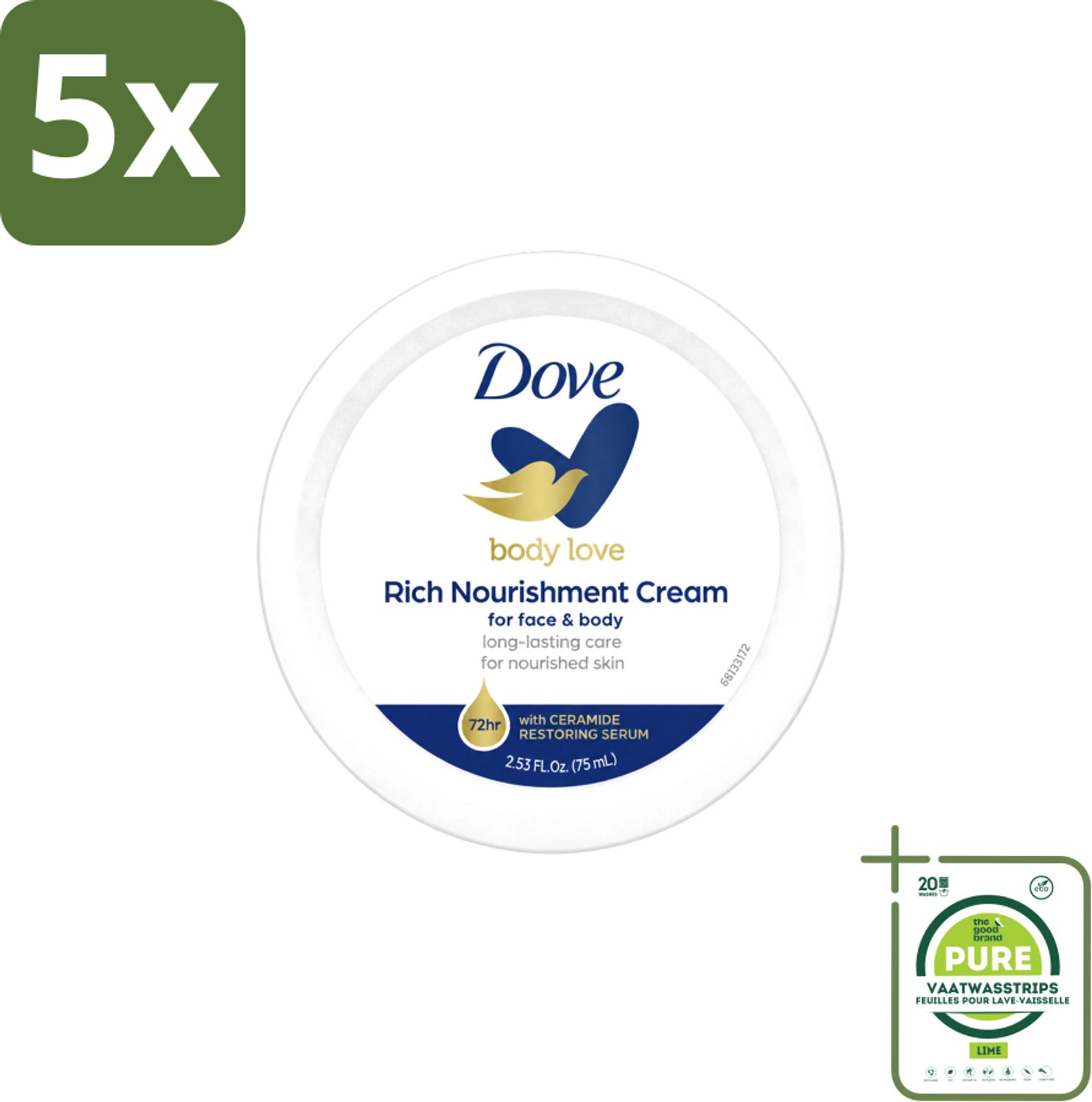 5 x Dove – Bodycrème – Rich Nourishment – 75 ml - Grootverpakking - Vaatwasstrips - Bodycrème - Hydratatie - Droge Huid - Voedende Crème - Huid Verzorging
