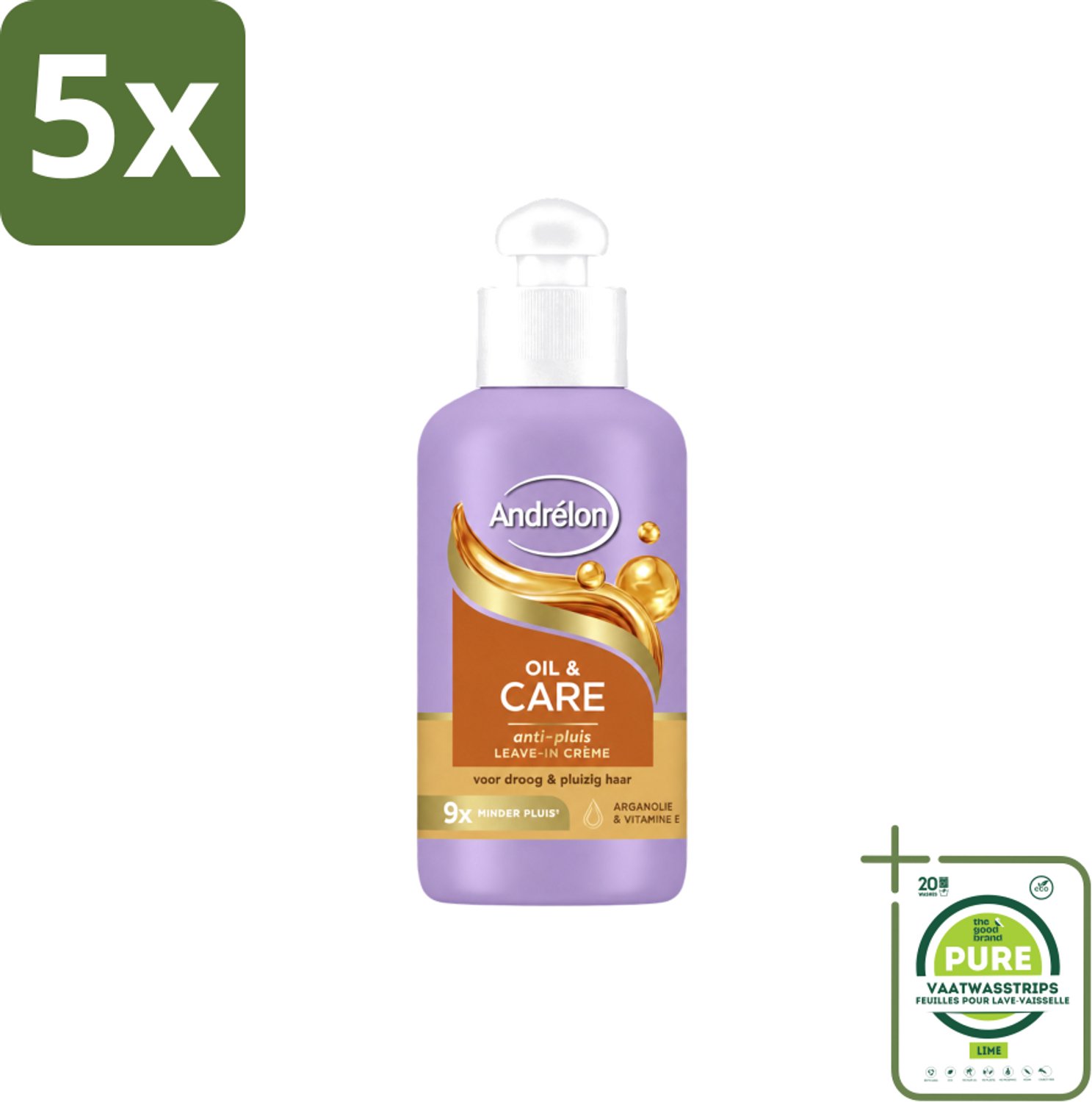 5 x Andrélon – Leave-In Crème – Oil & Care – 200 ml - Grootverpakking - Vaatwasstrips - Haarkruid - Anti-pluis - Voeding Haar - Pluiscontrole - Arganolie
