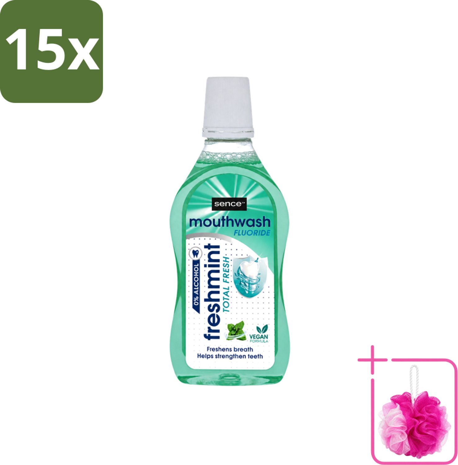 15 x Sence - Fresh Freshmint - Mondwater - Fris & Muntig - 500 ml - Bulkverpakking - Mondwater - Douchemop - Mondverzorging