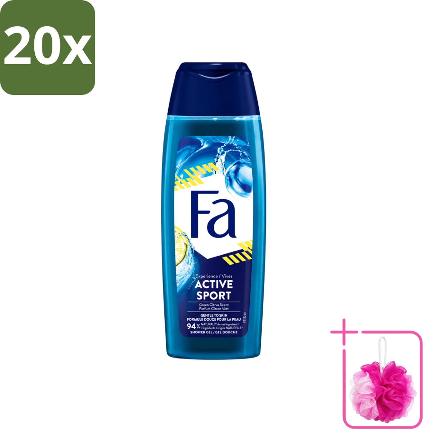 20 x Fa Men - Douchegel - Active Sport - Verfrissend - Green Citrus - 250 ml - Bulkverpakking - Deodorant spray - Douchemop - Sport deodorant