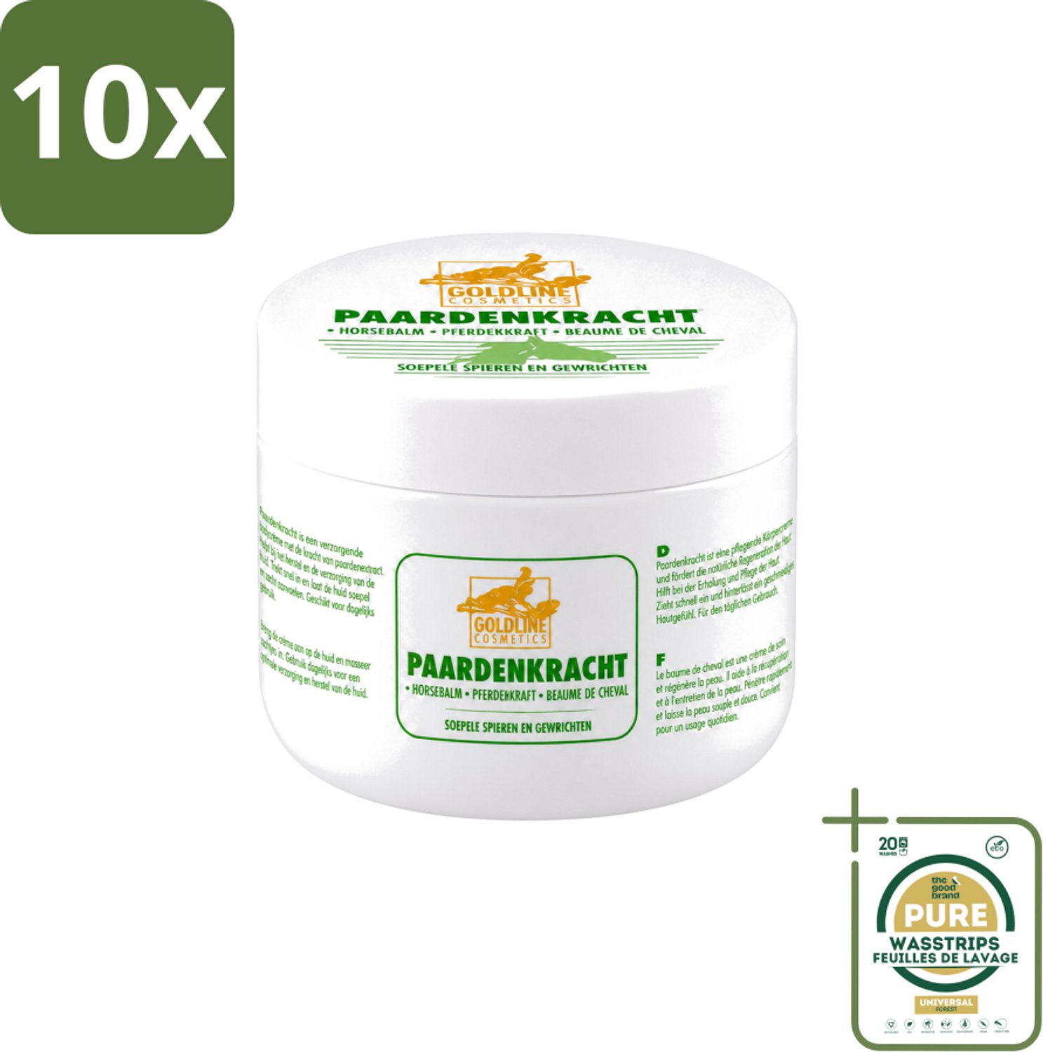10 x Goldline - Bodycrème - Paardenkracht - Herstel & Verzorging - 250 ml - Wasstrips - Bodycrème - Herstel - Huidverzorging - Spierherstel - Hydratatie