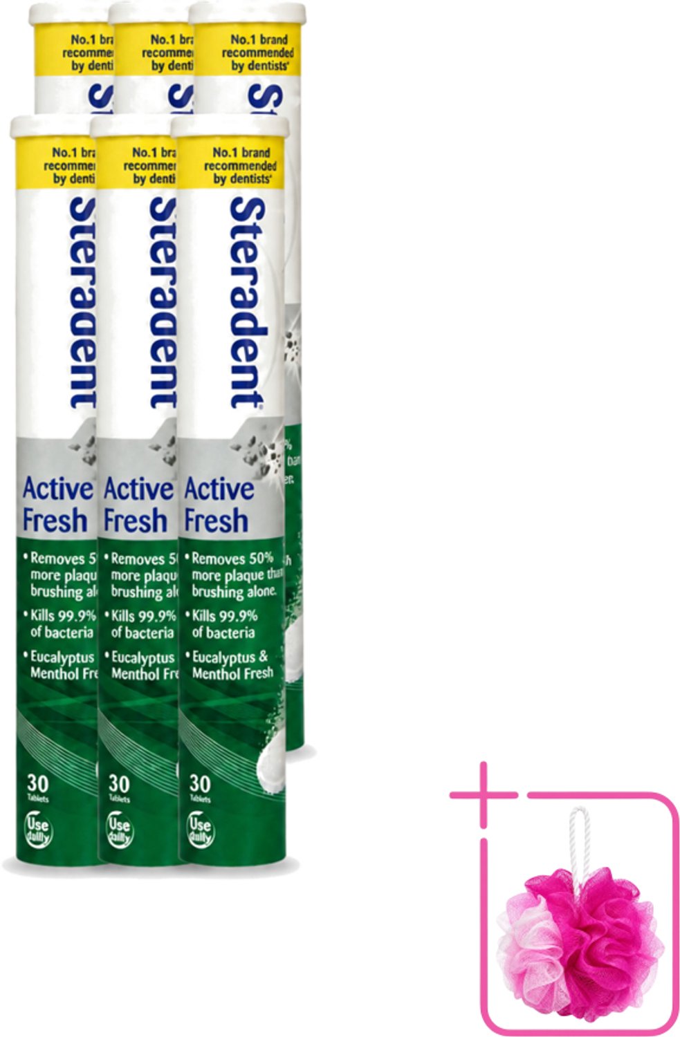 6 x Steradent - Reinigingstabletten - Active Fresh - Voor Kunstgebitten - 30 Tabletten - Bulkverpakking - Kunstgebit reinigen - Douchemop - Kunstgebit reinigingstabletten