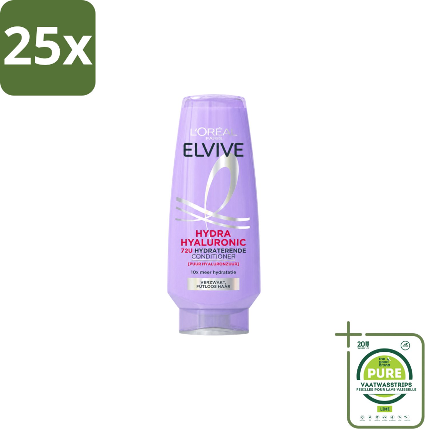 25 x L’Oréal Paris Elvive – Conditioner – Hydra Hyaluronic Hydraterend – 200 ml - Grootverpakking - Vaatwasstrips - Hydratatie - Hyaluronzuur - Ontwarring - Droog Haar - Pluizen