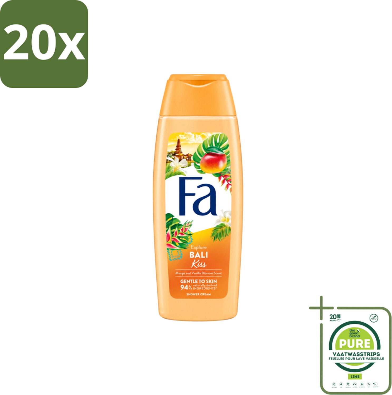 20 x Fa – Douchegel – Bali Kiss – 250 ml - Grootverpakking - Vaatwasstrips - Douchegel - Tropische Geur - Mango - Vanillebloesem - Vegan
