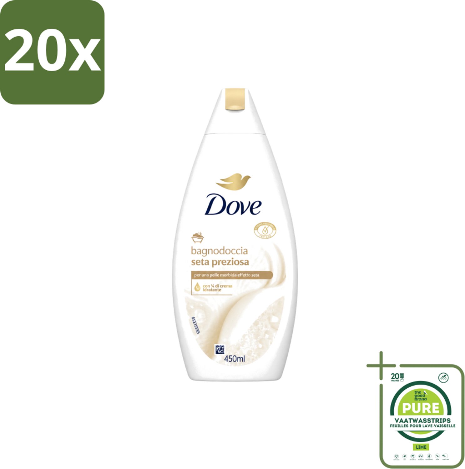 20 x Dove – Douchegel – Nourishing Silk – 450 ml - Grootverpakking - Vaatwasstrips - Douchegel Zijdezacht - Huid Verzorging - Schuim Douchegel - Mild Reinigen - Huid Comfortabel