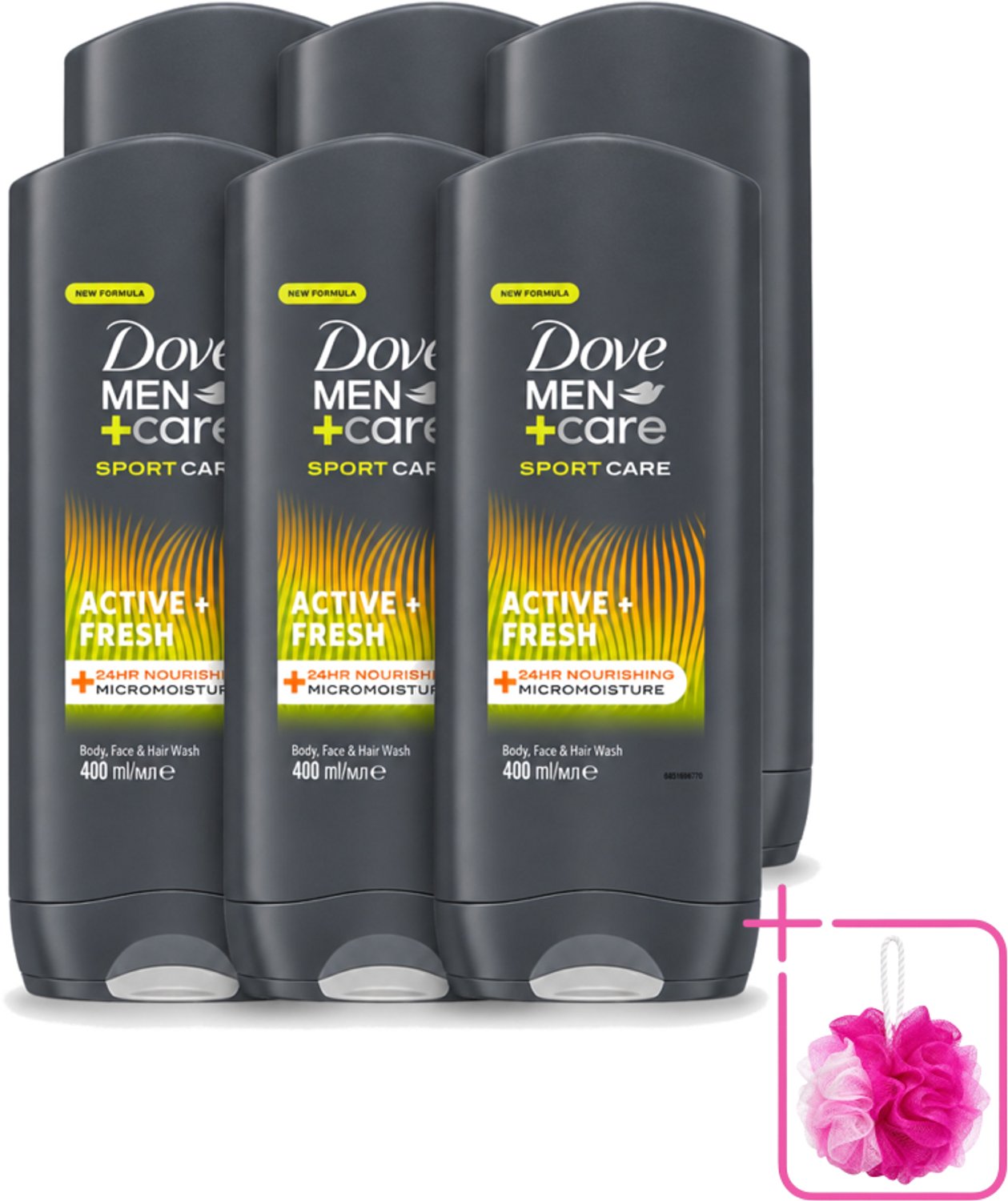6 x Dove - Douchegel - Men+ Care Active Fresh - Verfrissend en langdurige bescherming - 400 ml - Bulkverpakking - Douchegel - Douchemop - Frisse geur