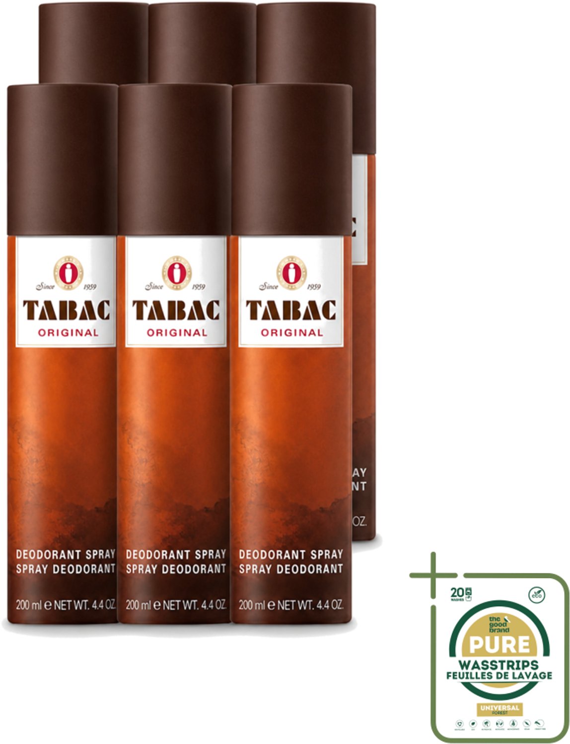 6 x Tabac Original - Deodorant Spray - Anti-transpirant - 200 ml - Wasstrips - Tabac Original - Deodorant Spray - Anti-transpirant - Zweetvermindering - Mannelijke Geur