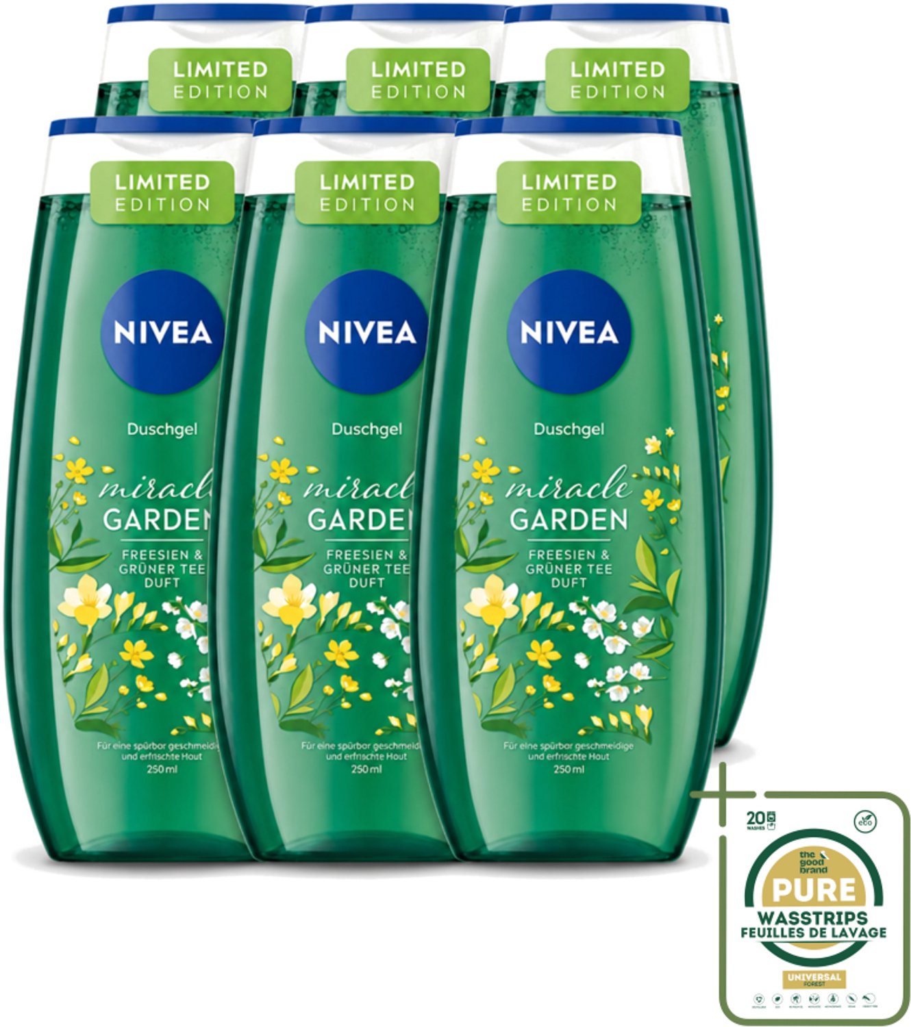 6 x Nivea - Douchegel - Freesia & Groene Thee - 250 ml - Wasstrips - Douchegel Freesia Groene Thee - Douchegel Voor Huidverzorging - Frisse Geur Douchegel - Hydraterende Douchegel - PH-huidneutraal