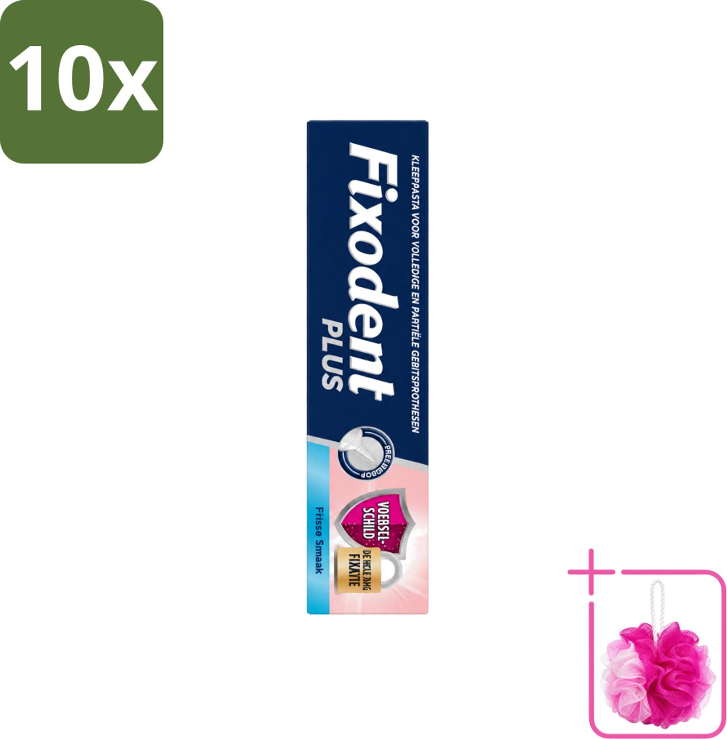 10 x Fixodent Plus – Kleefcrème – Food Barrier – Frisse Smaak – 40 g - Bulkverpakking - Kleefpasta kunstgebit - Douchemop - Voedselbarrière kunstgebit