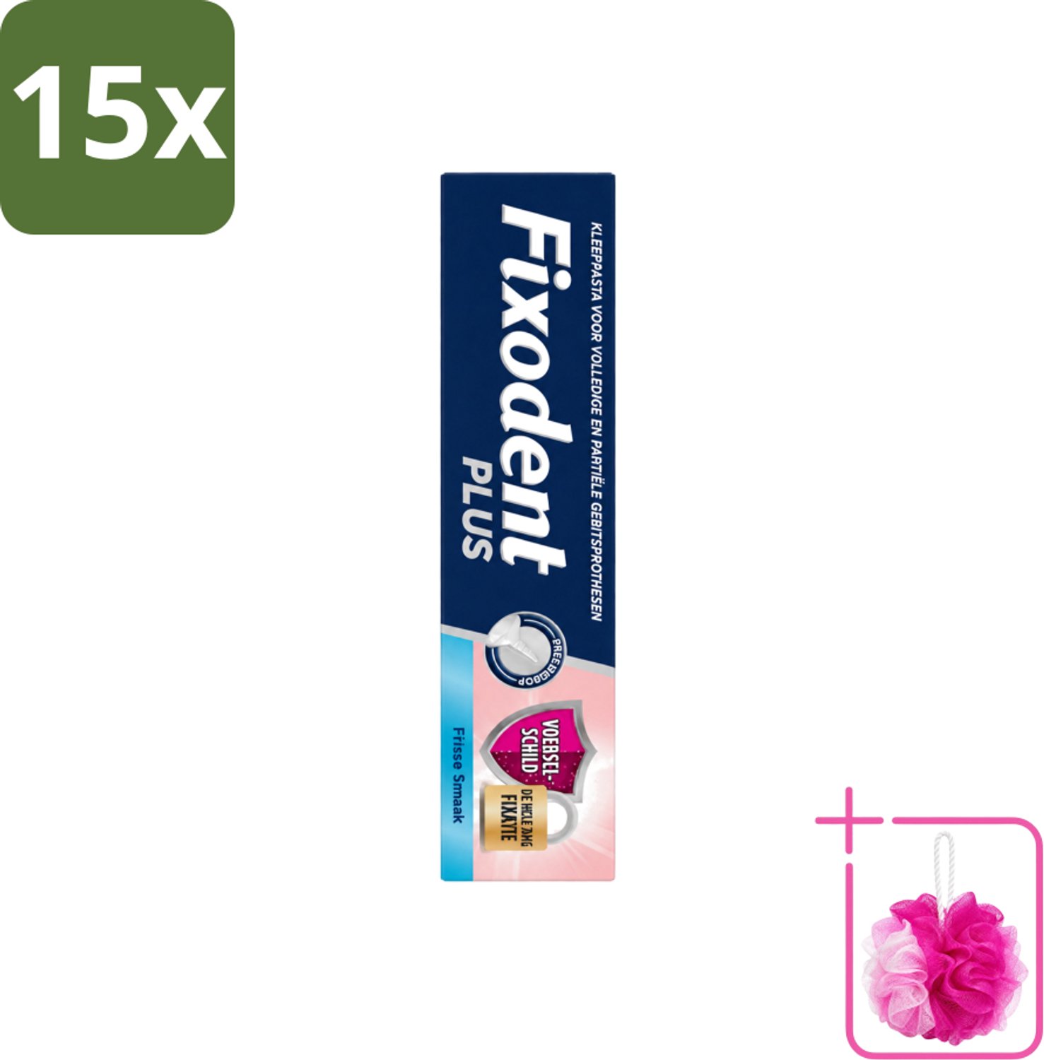 15 x Fixodent Plus – Kleefcrème – Food Barrier – Frisse Smaak – 40 g - Bulkverpakking - Kleefpasta kunstgebit - Douchemop - Voedselbarrière kunstgebit