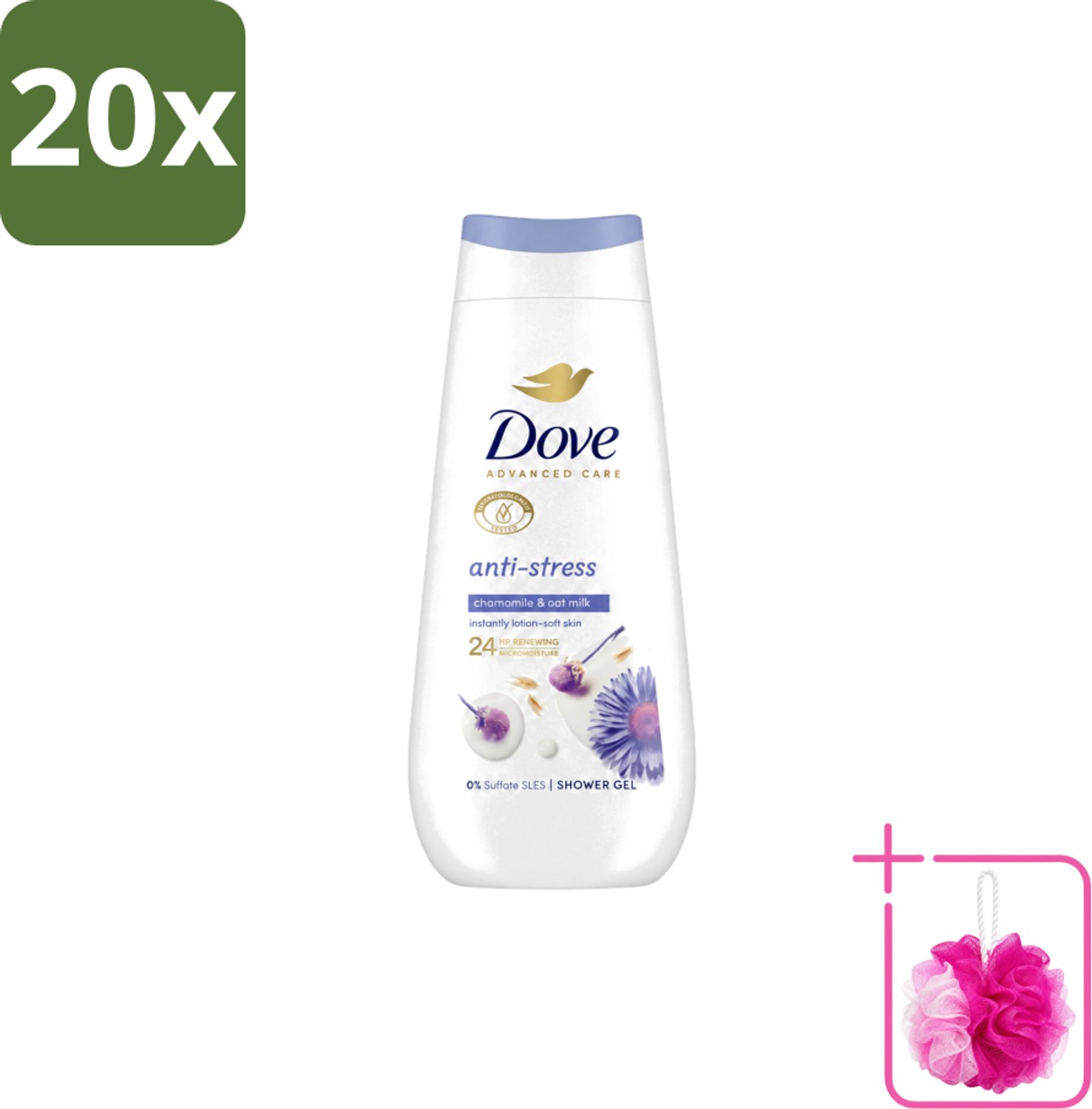 20 x Dove – Douchecrème – Anti-Stress – 225 ml - Bulkverpakking - Douchecrème anti-stress - Douchemop - Ontspannende douchecrème