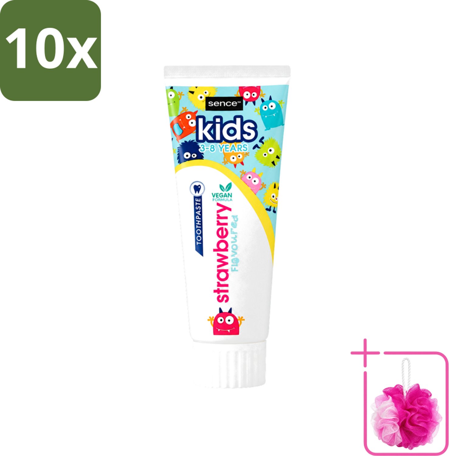 10 x Sence - Kids 3-8 Jaar - Tandpasta - Aardbei Smaak - Vegan - 75 ml - Bulkverpakking - Tandpasta voor kinderen - Douchemop - Kindertandpasta