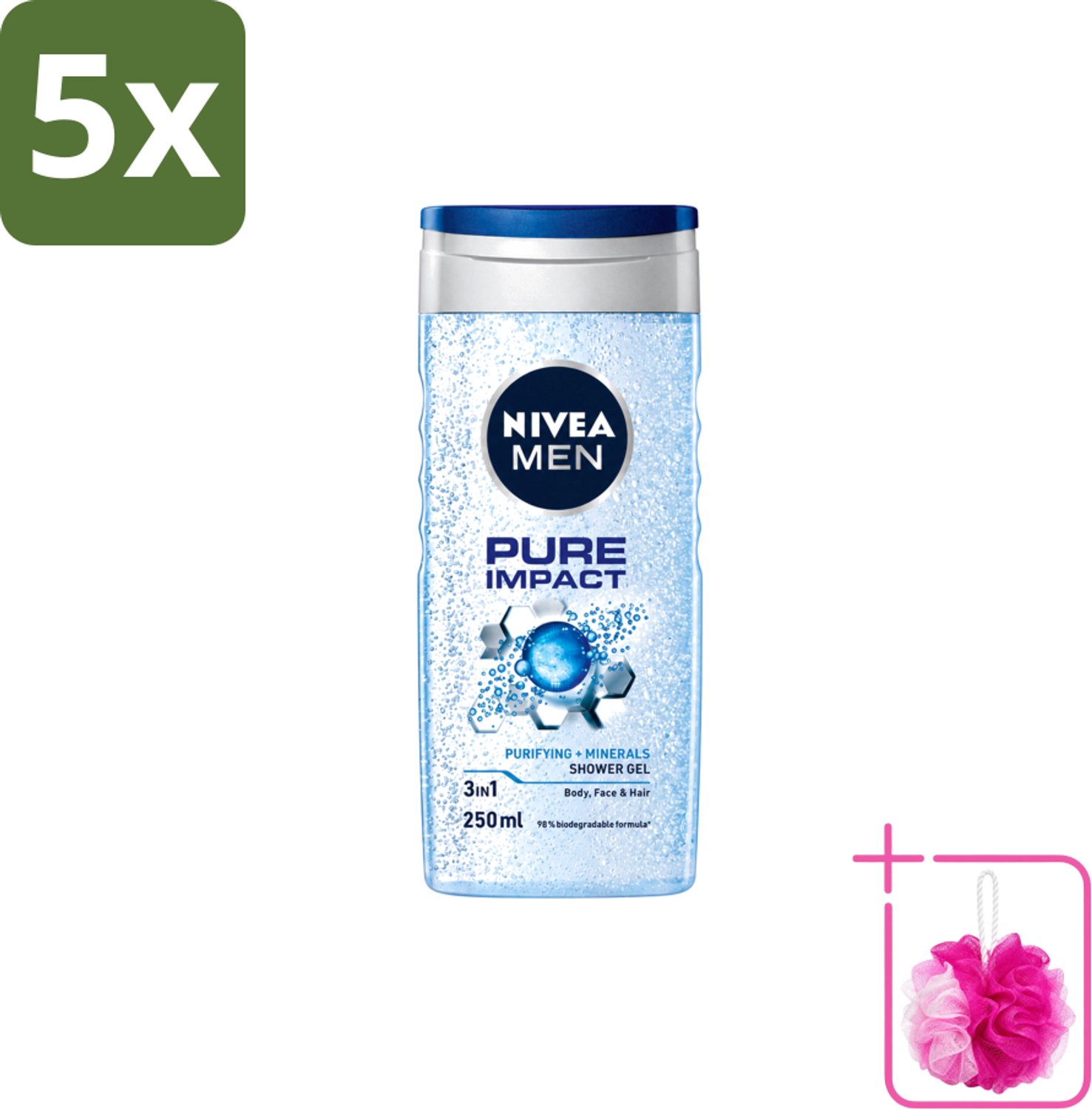 5 x Nivea Men – Douchegel – Pure Impact – 250 ml - Bulkverpakking - Douchegel - Douchemop - Reiniging