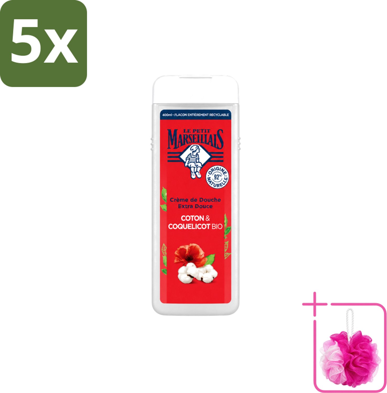 5 x Le Petit Marseillais – Douchegel – Bio Katoenmelk & Papaver – 400 ml - Bulkverpakking - Douchegel bio - Douchemop - Katoenmelk