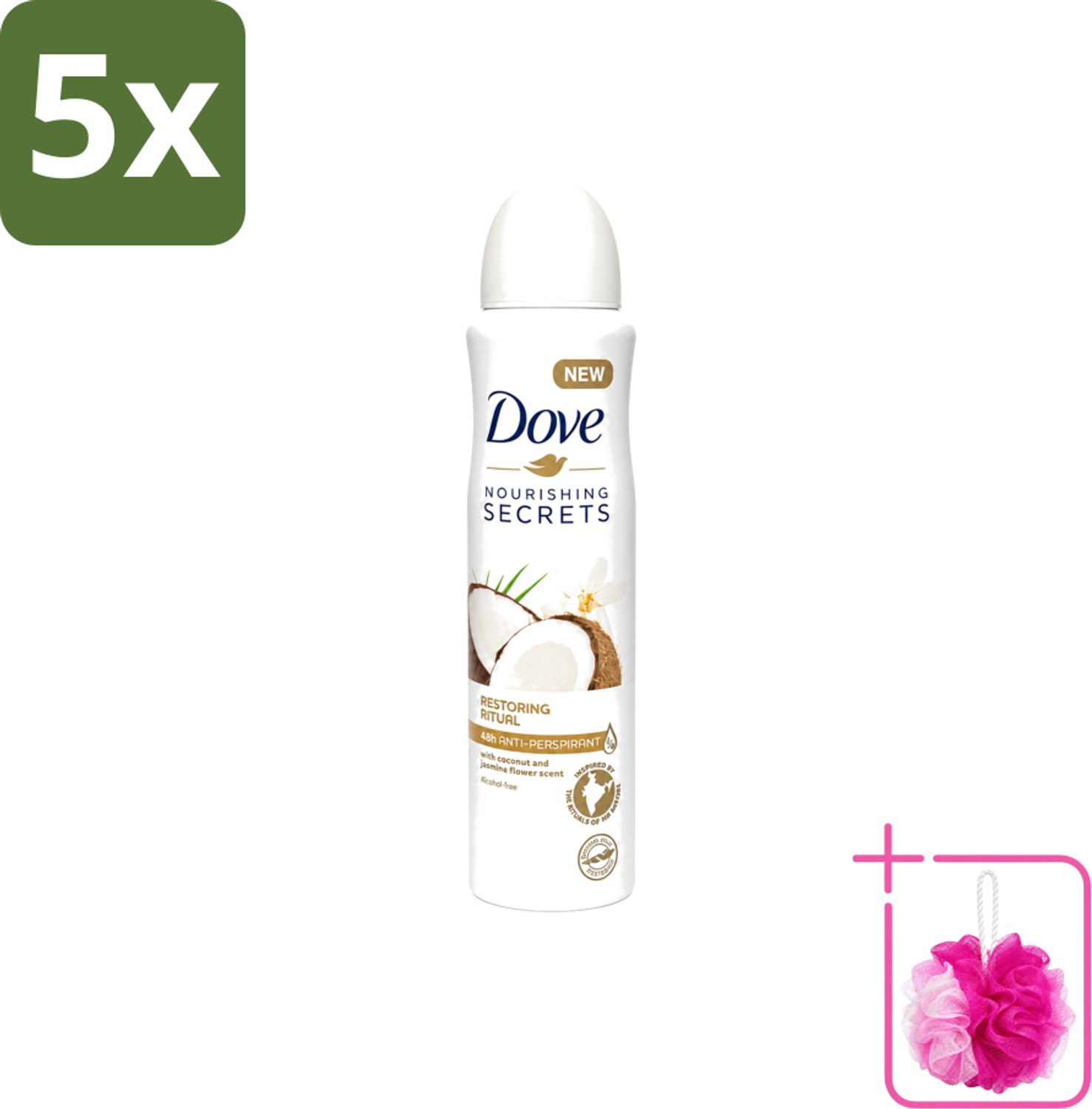 5 x Dove – Deodorant Spray – Restoring Ritual Cocos & Jasmijn – 150 ml - Bulkverpakking - Deodorant spray - Douchemop - Okselverzorging