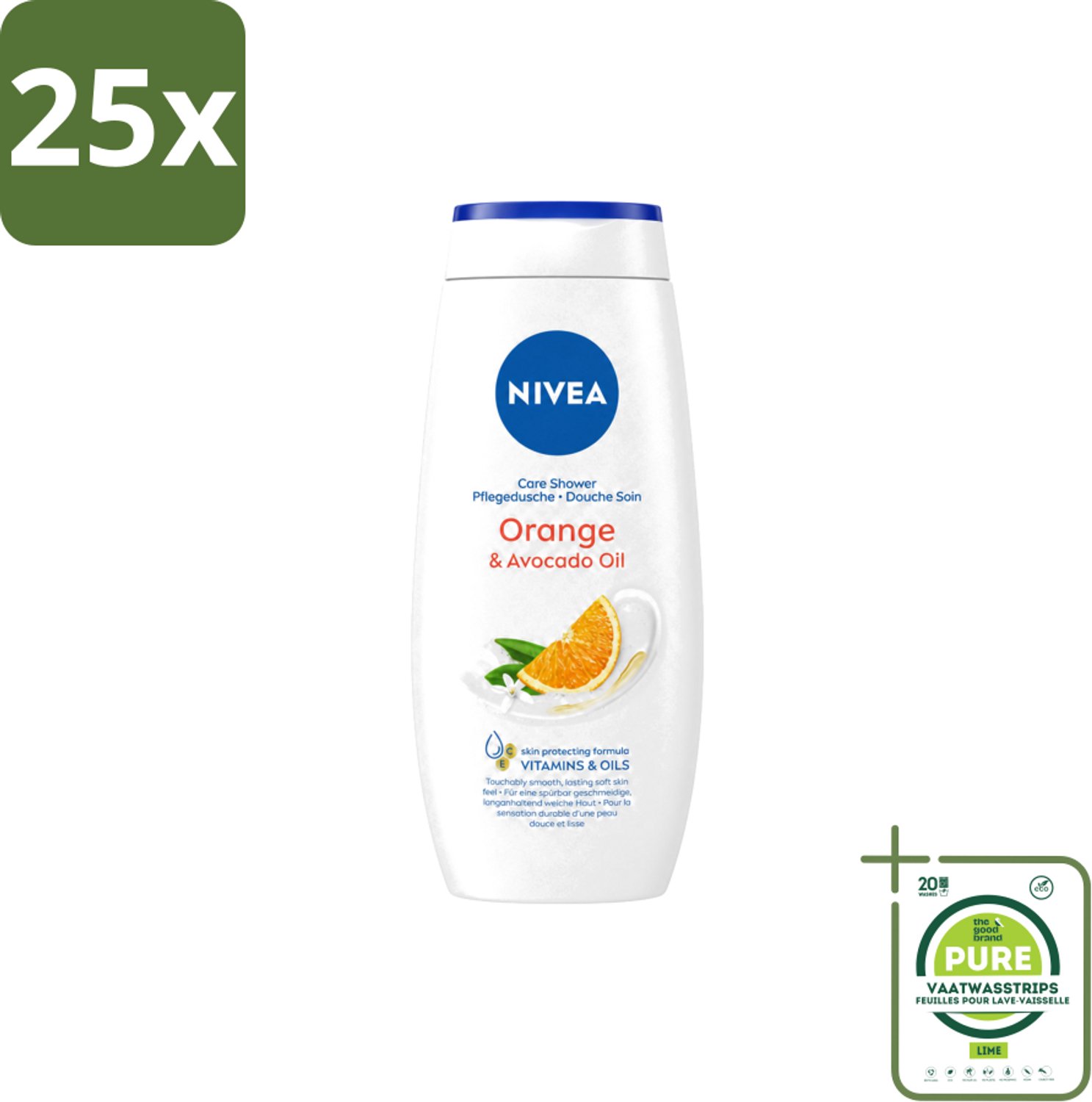 25 x Nivea - Douchegel - Orange - Voelbaar Gladde Huid - 250 ml - Grootverpakking - Vaatwasstrips - Douchegel - Huid Verzorgen - Bamboemelk - Sinaasappelgeur - Voedende Douchegel